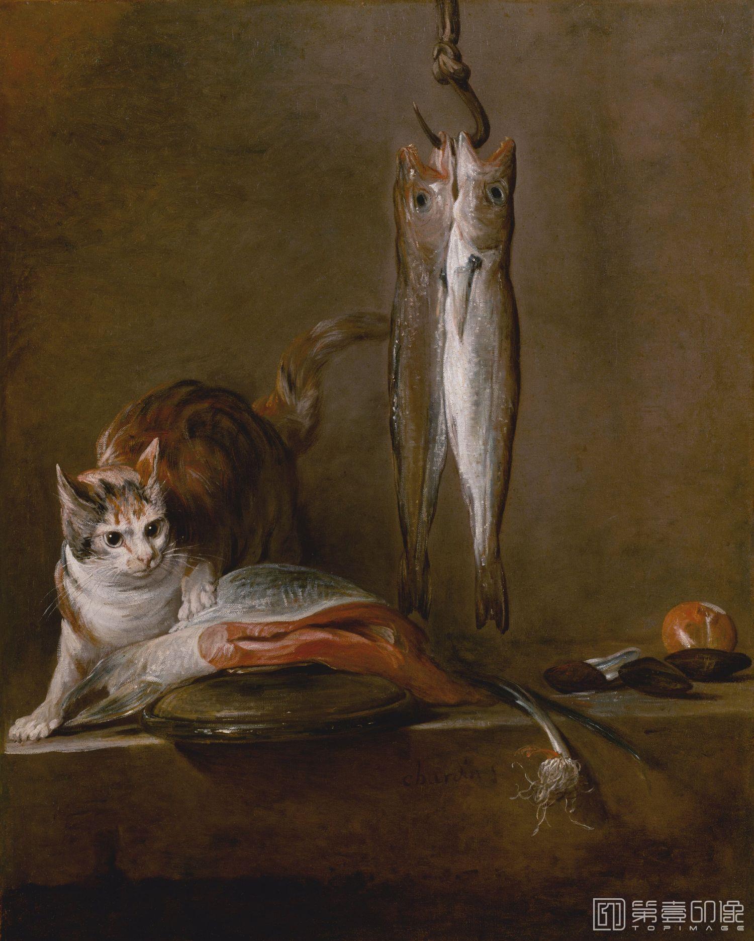 油画-西方-夏尔丹-油画-Jean-Baptiste-Simeon Chardin - Still Life with Cat and Fish, 1728