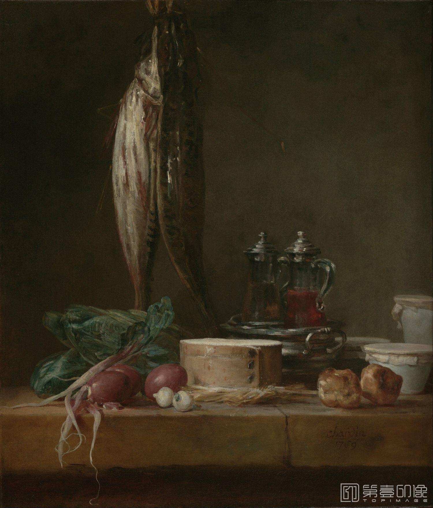 油画-西方-夏尔丹-油画-Still life with fish and vegetables on the table (see 68h58) 1769