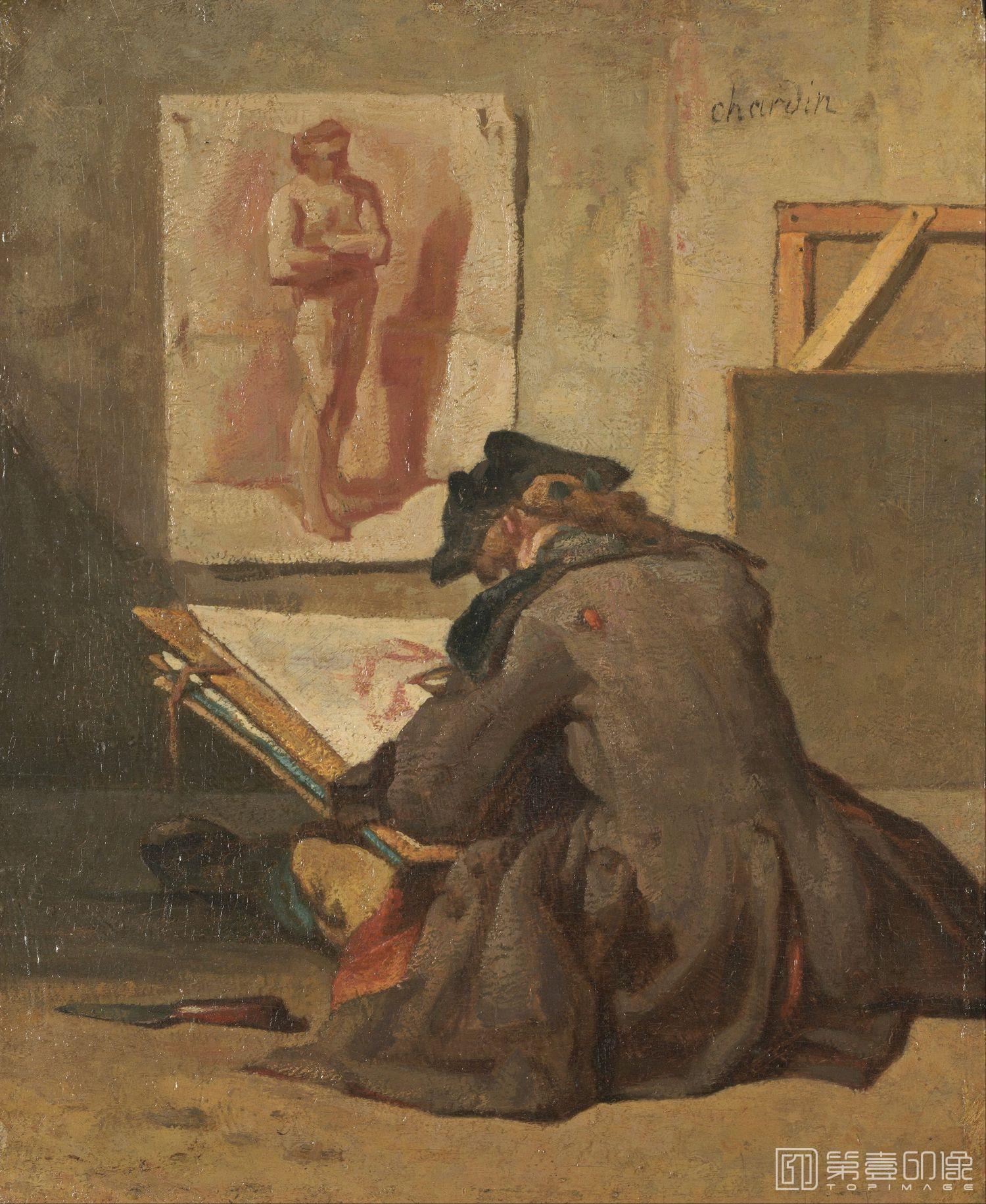 油画-西方-夏尔丹-油画-Young Student Drawing