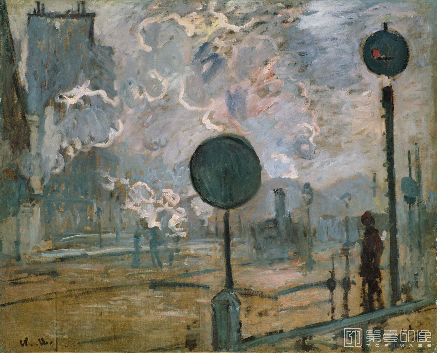 油画-西方-莫奈-Exterior of Saint-Lazare Station, The Signal, 1877