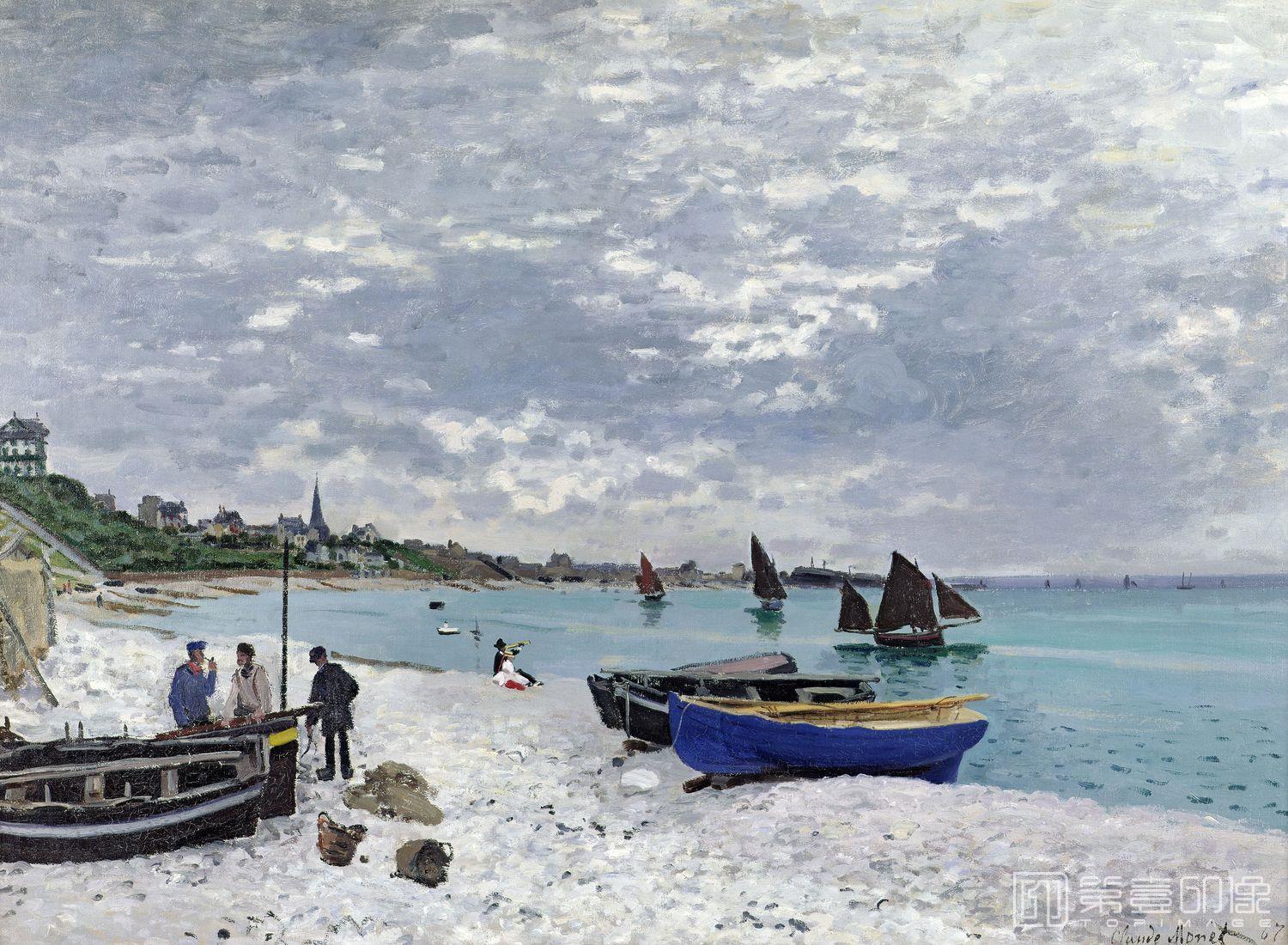 油画-西方-莫奈-The Beach at Sainte-Adresse, 1867