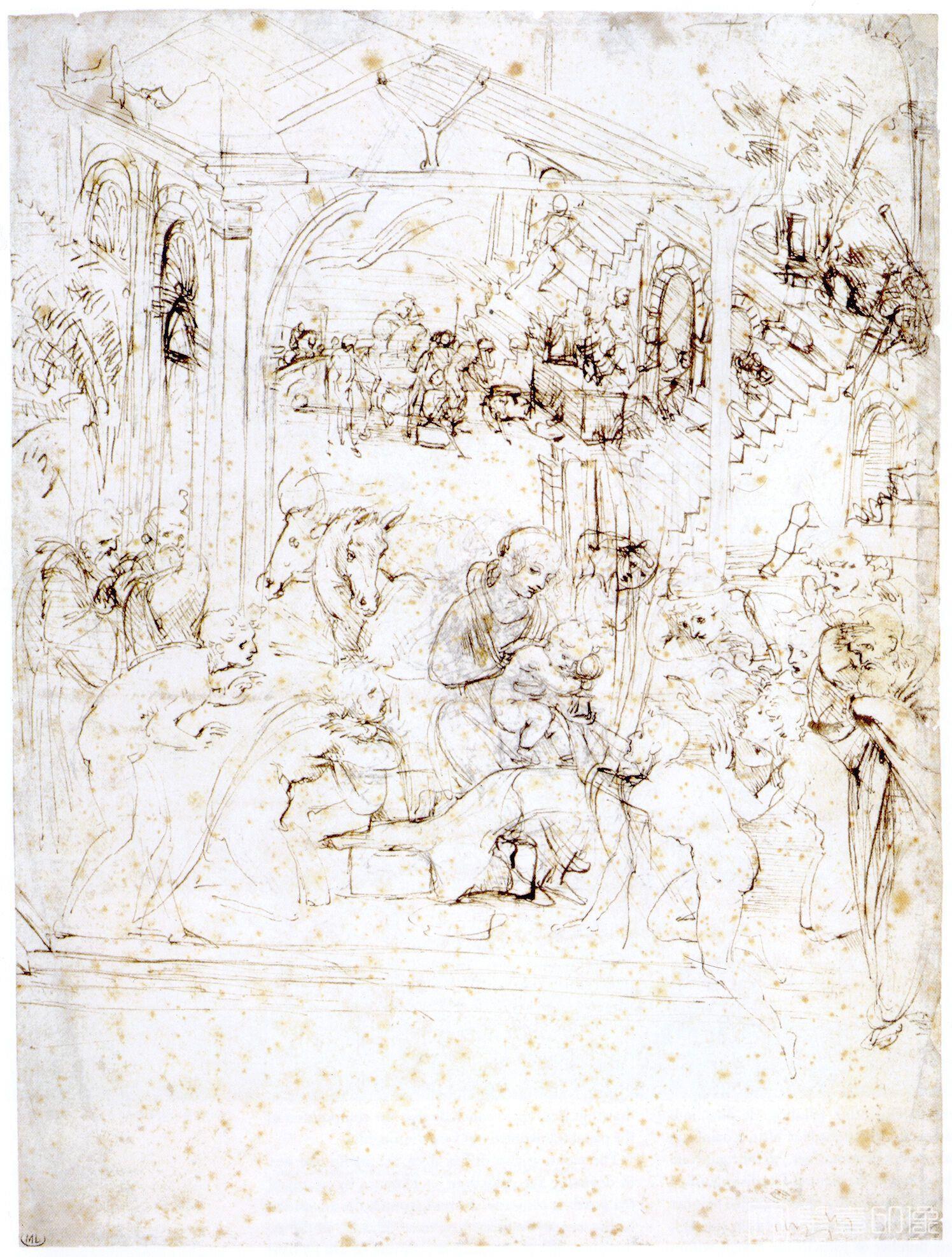 素描-西方-达芬奇-素描-Поклонение волхвов (эскиз) (1481) (28,6 x2 1,6 см) (Париж, Лувр)