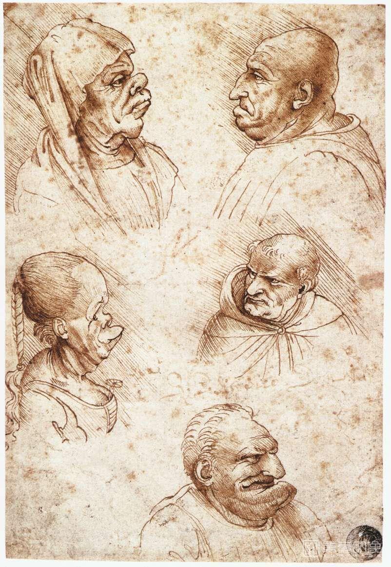 素描-西方-达芬奇-素描-Пять карикатурных голов (после 1490) (Венеция, галерея академии)