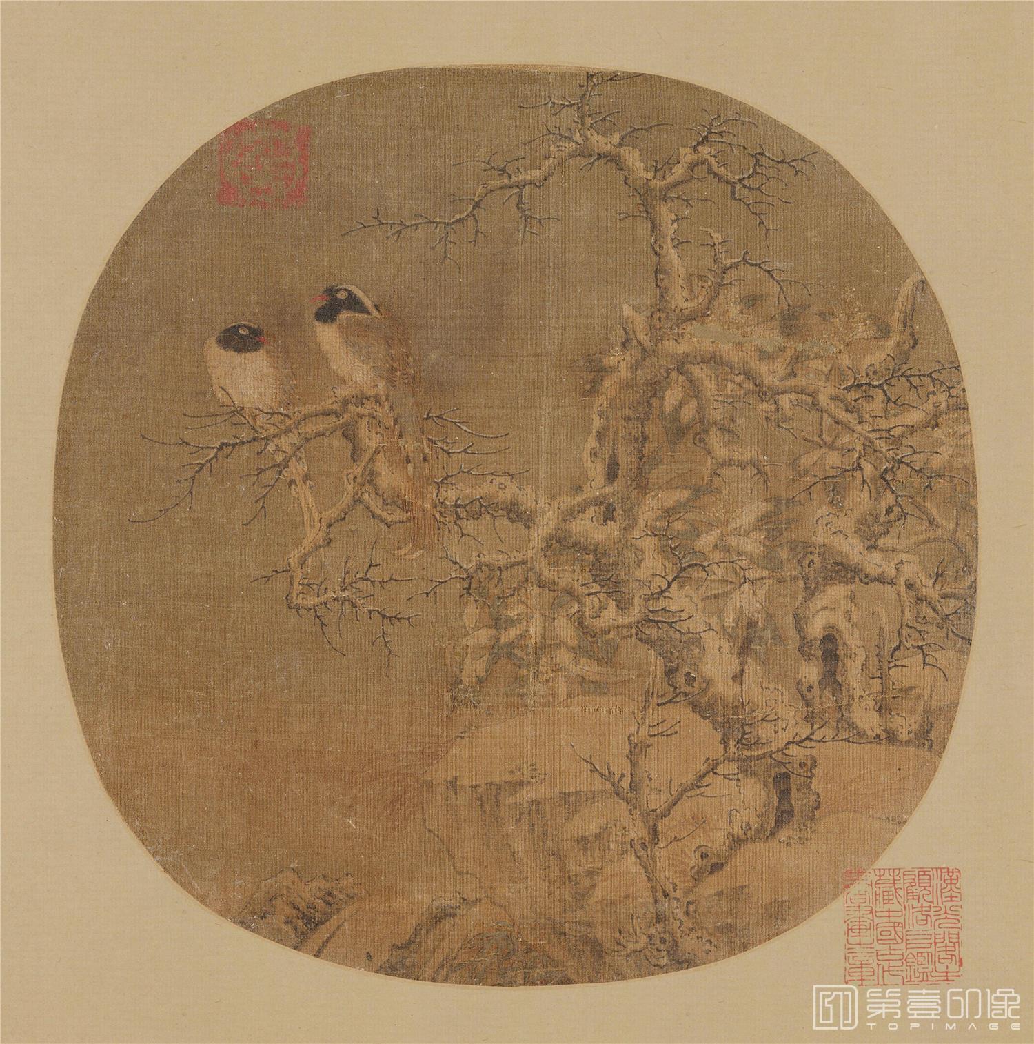 国画-双雀图绢本35x34