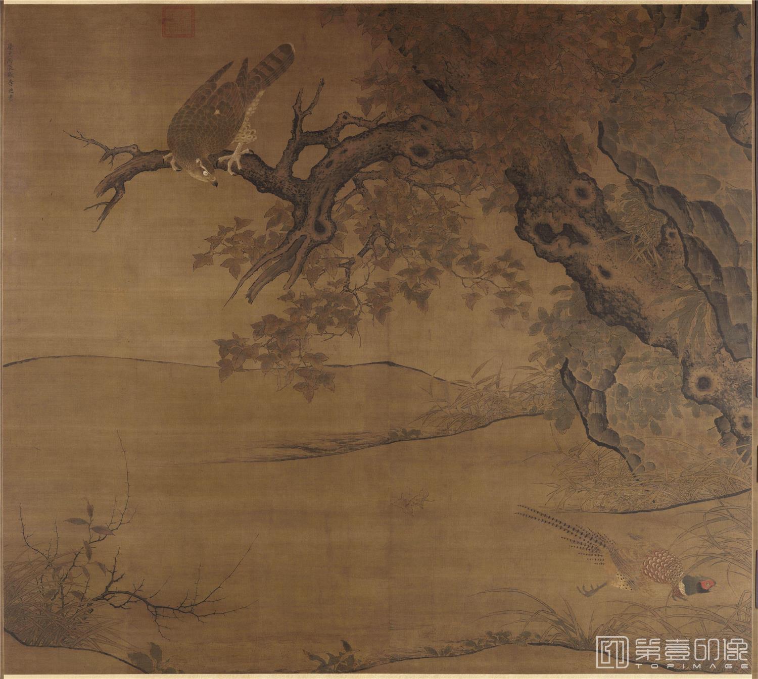 国画-枫鹰稚鸡图轴84x94