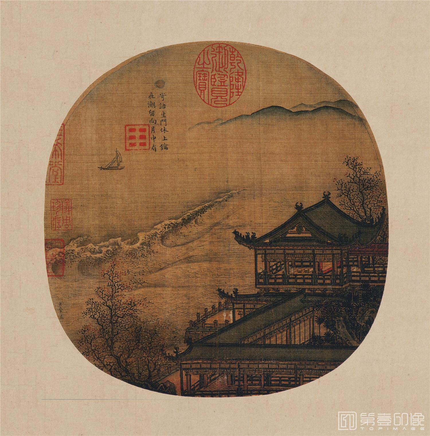 国画-月夜看潮图22.3x22