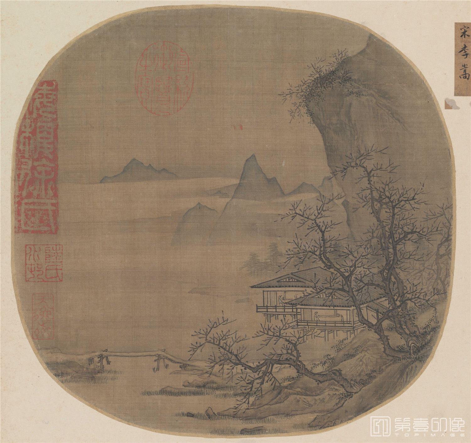 国画-溪山水阁图页绢本24.2x24.7