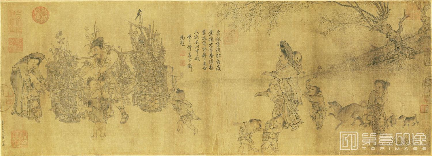国画-货郎图 横幅 绢本 25.5x70.4