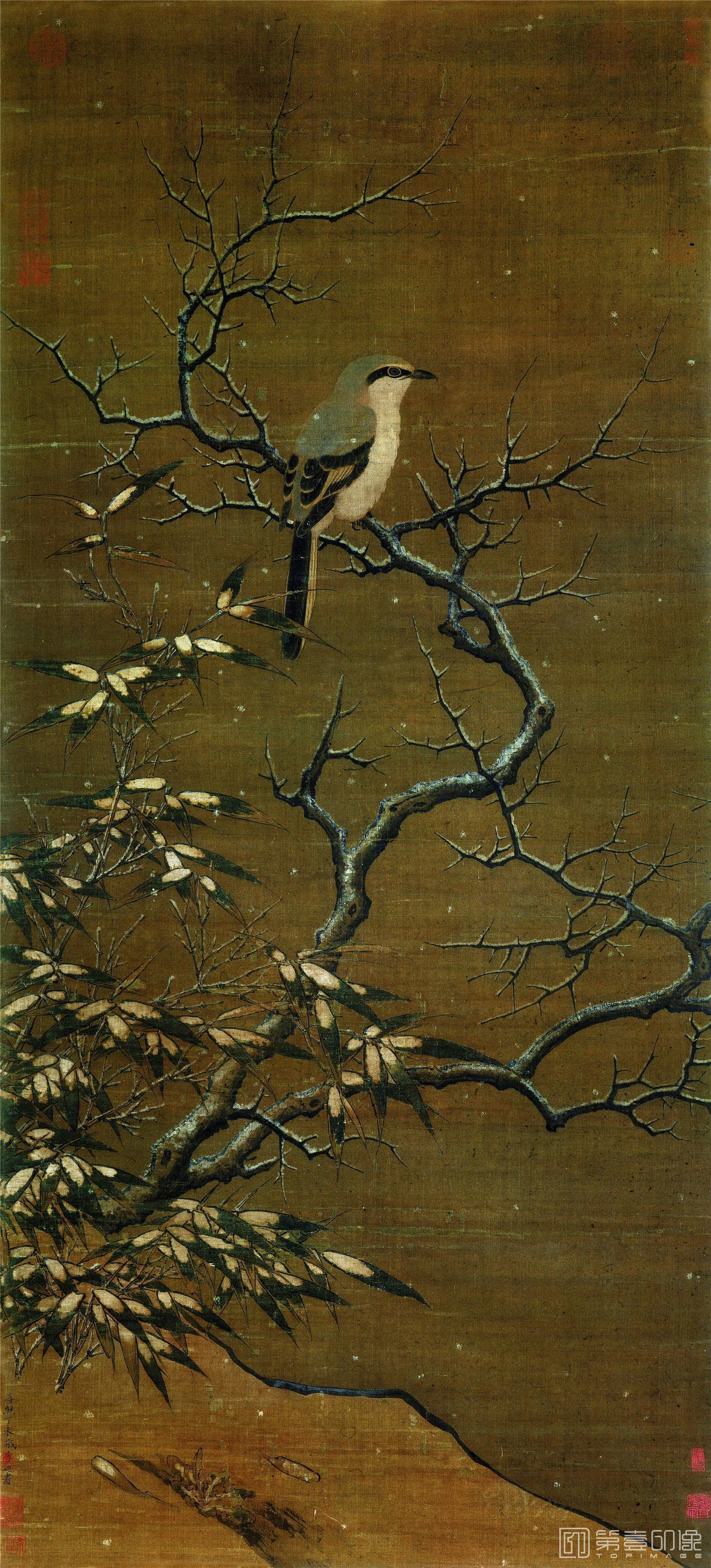 国画-雪树寒禽图 绢本52.8x115.2