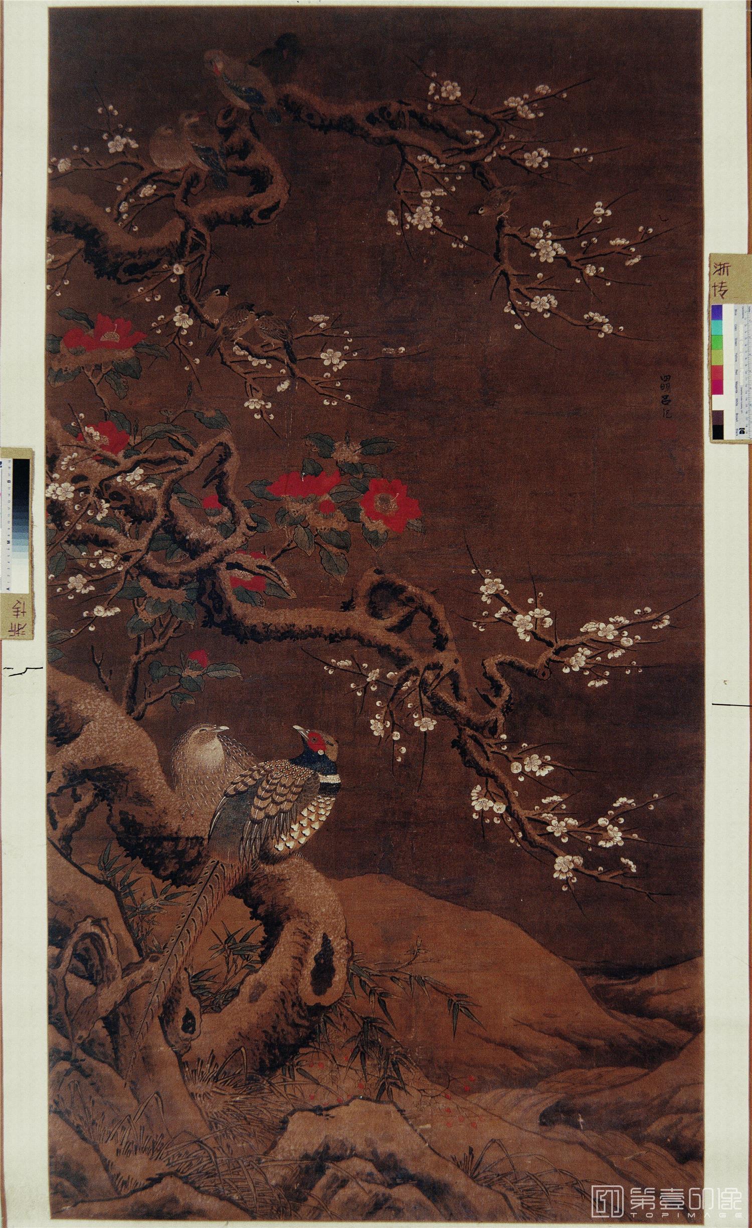 国画-梅茶雉雀图 绢本97.8X183.1