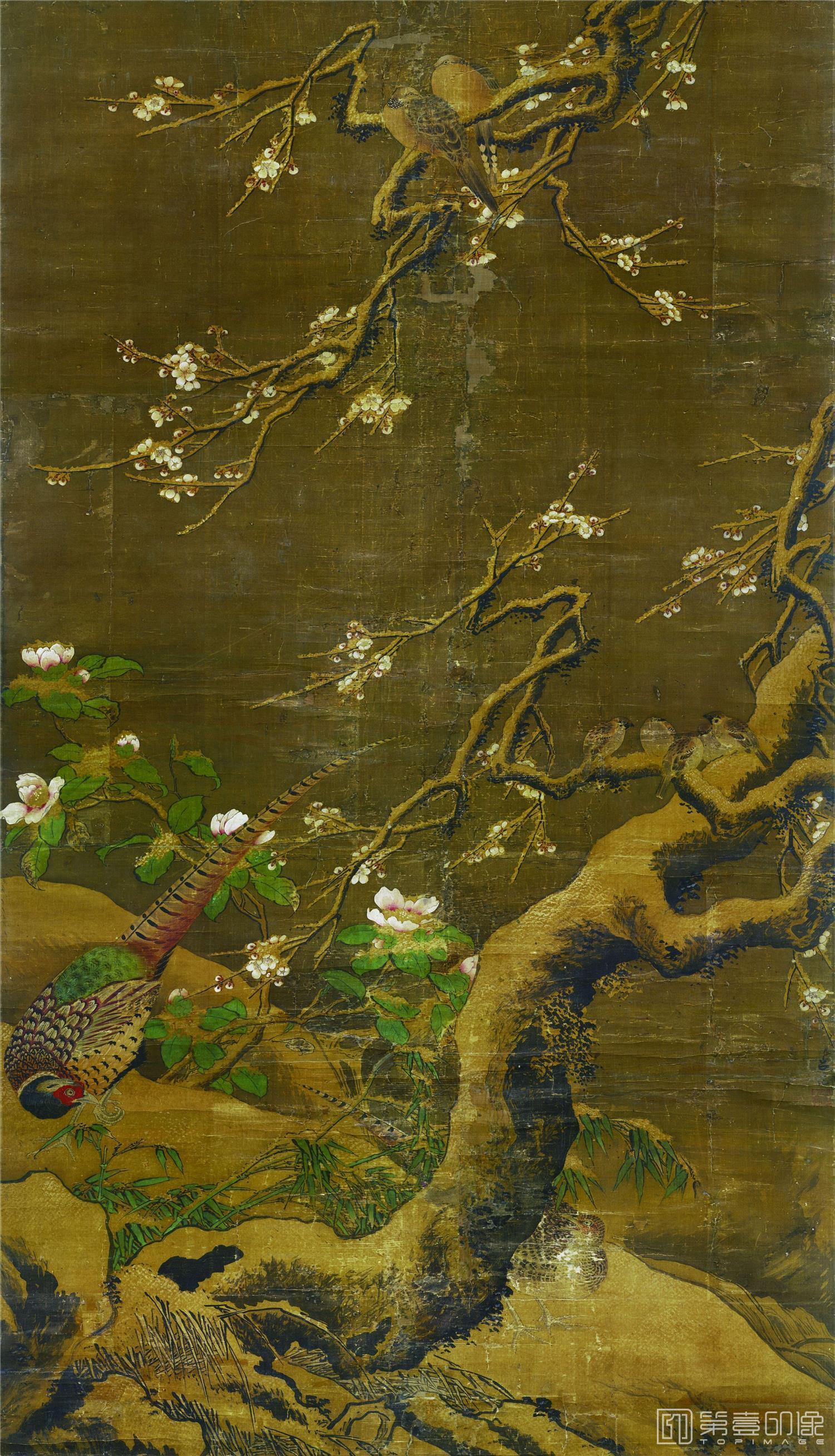 国画-雪梅集禽图立轴91x52