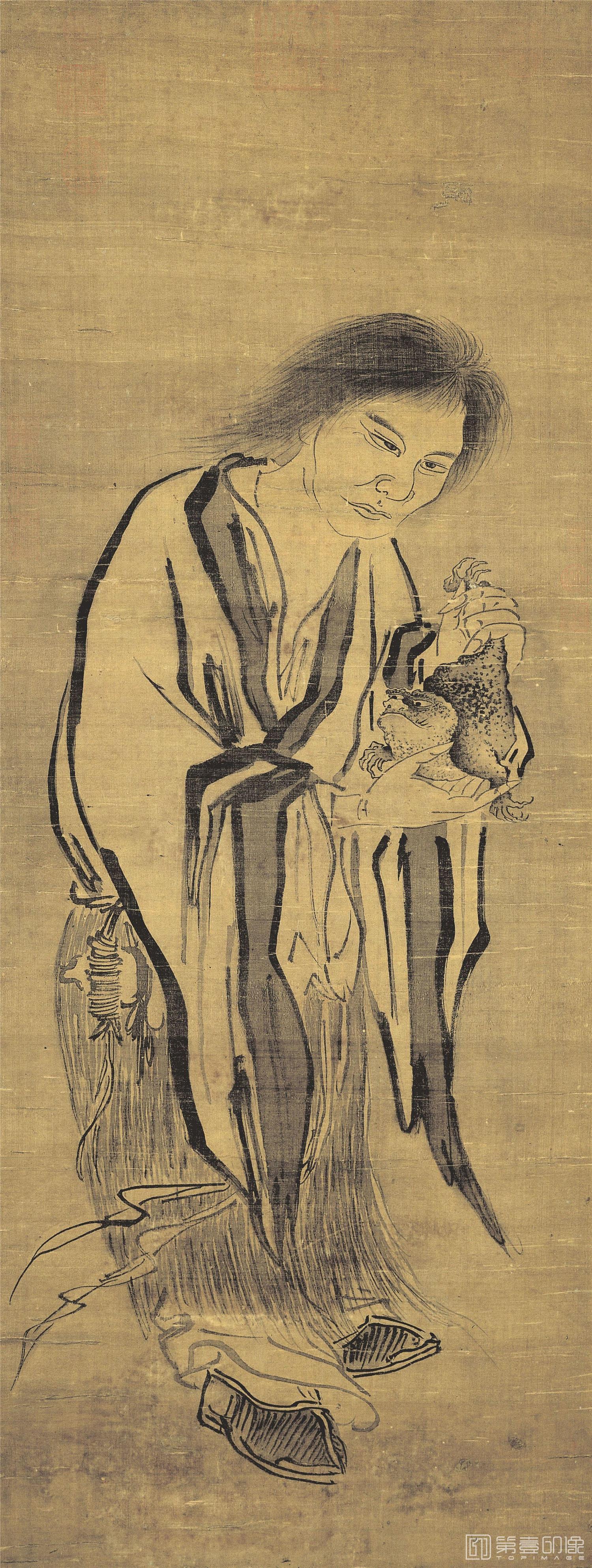 国画-刘海像 绢布 32X84