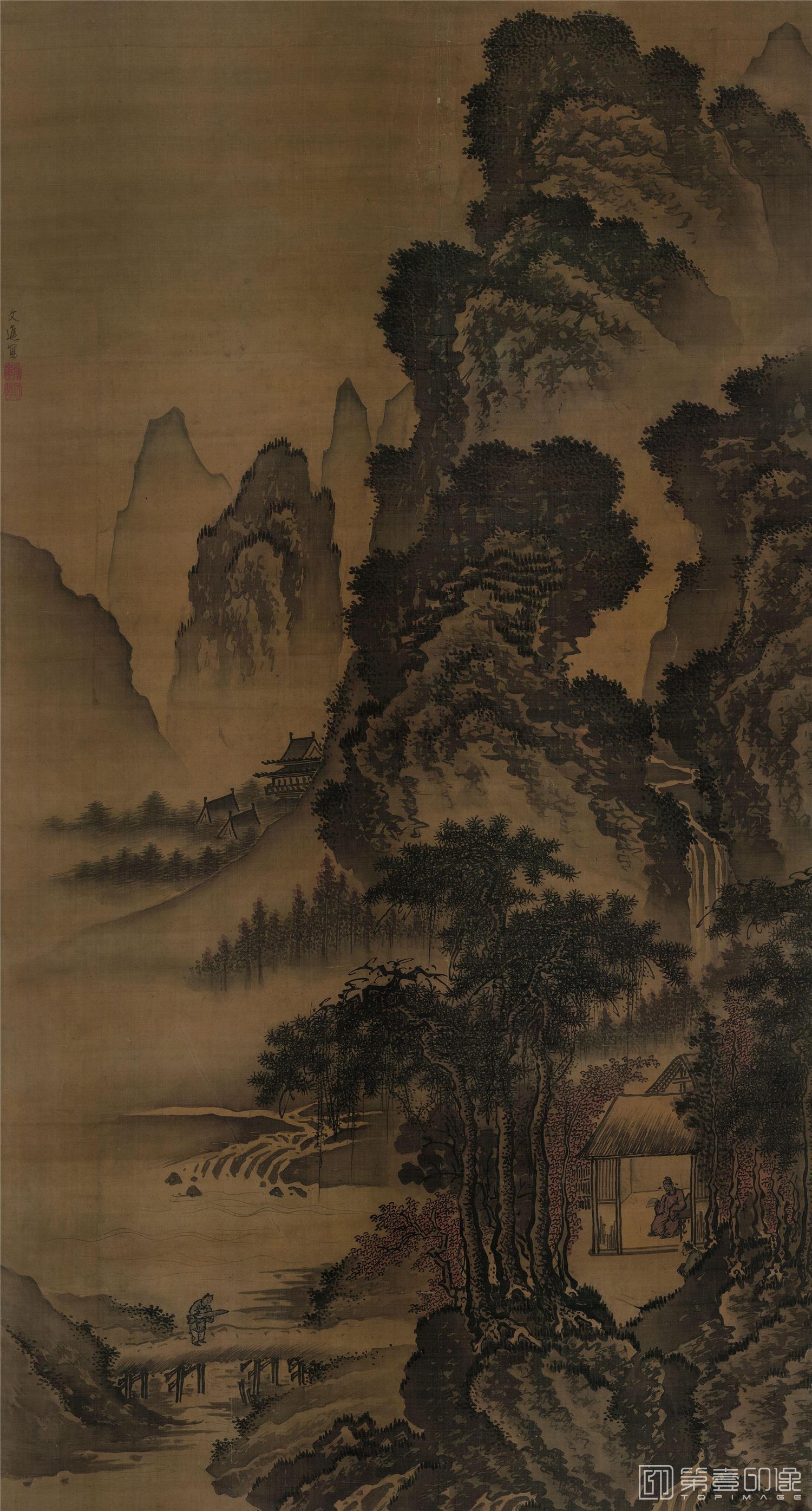 国画-溪堂诗意图轴明绢本设色194x104