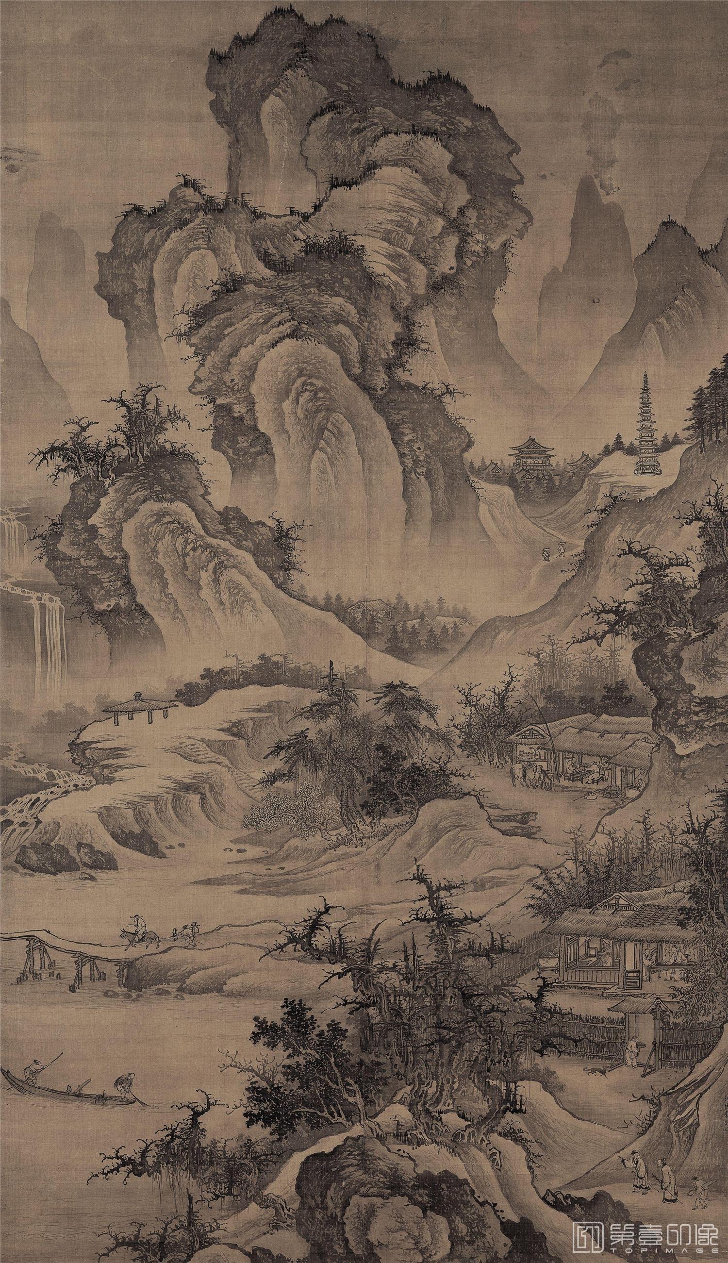 国画-山庄高逸图 绢本188.8x109.1