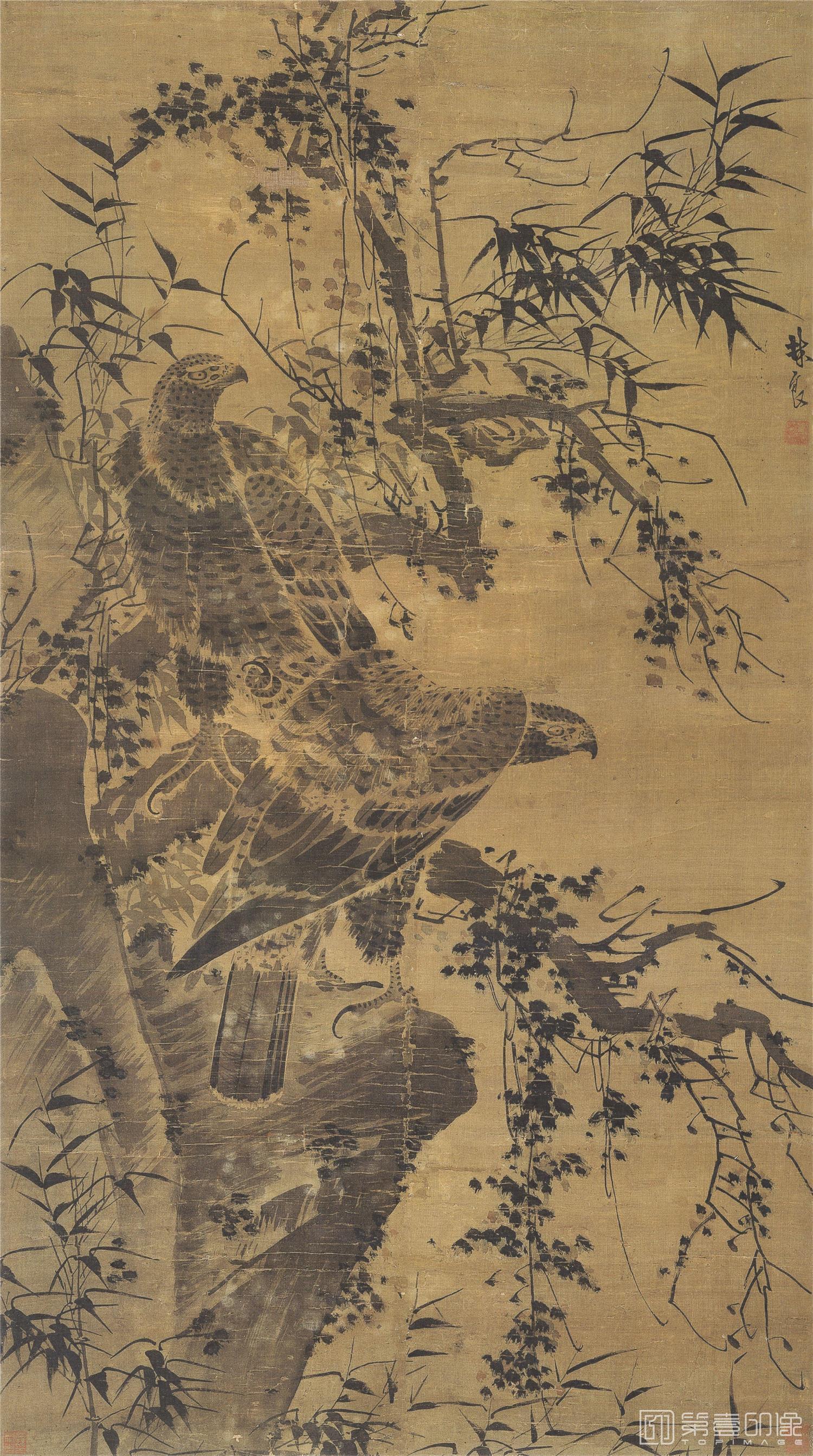 国画-双鹰图 绢本66.8x120