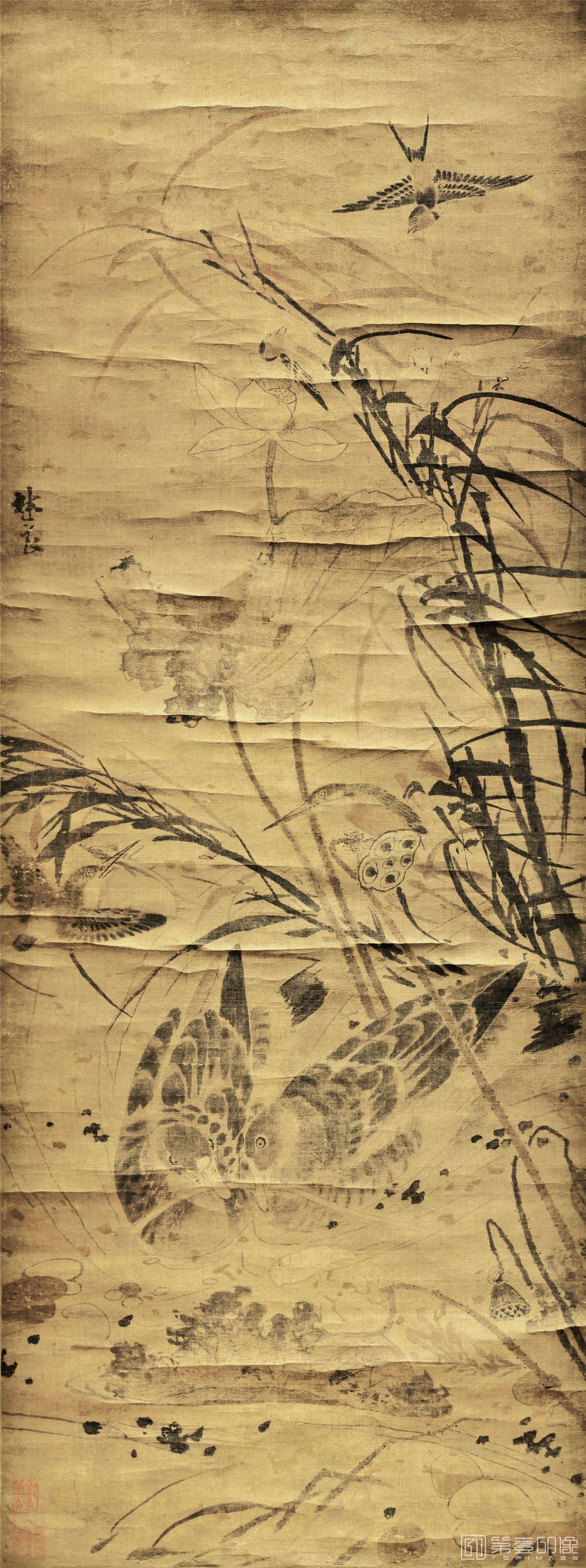 国画-荷塘集禽图轴152x65