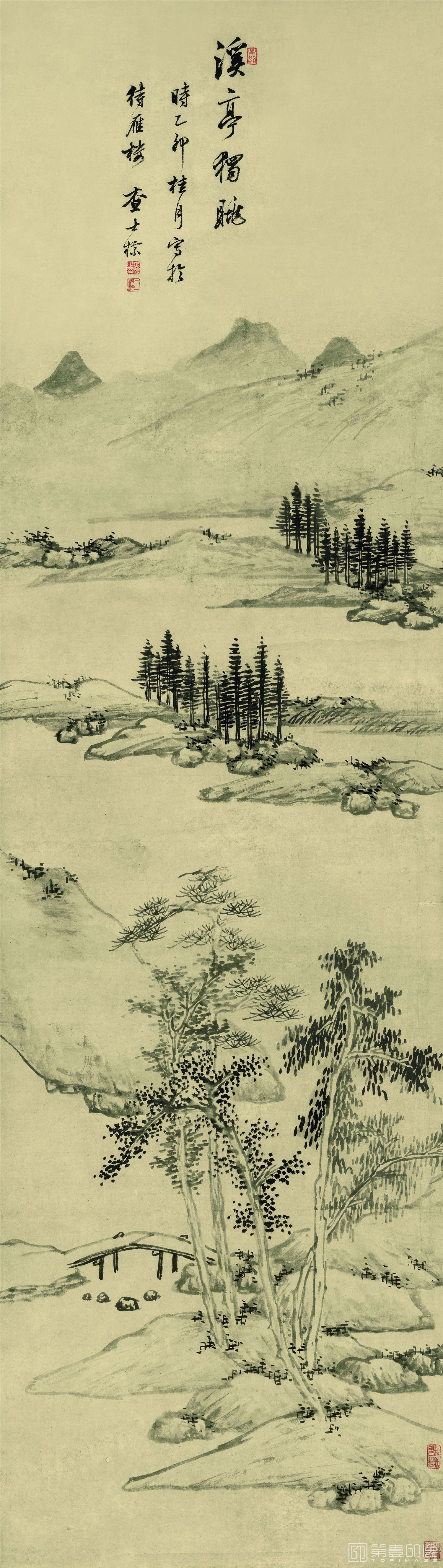 国画-溪亭独眺图纸本141×40