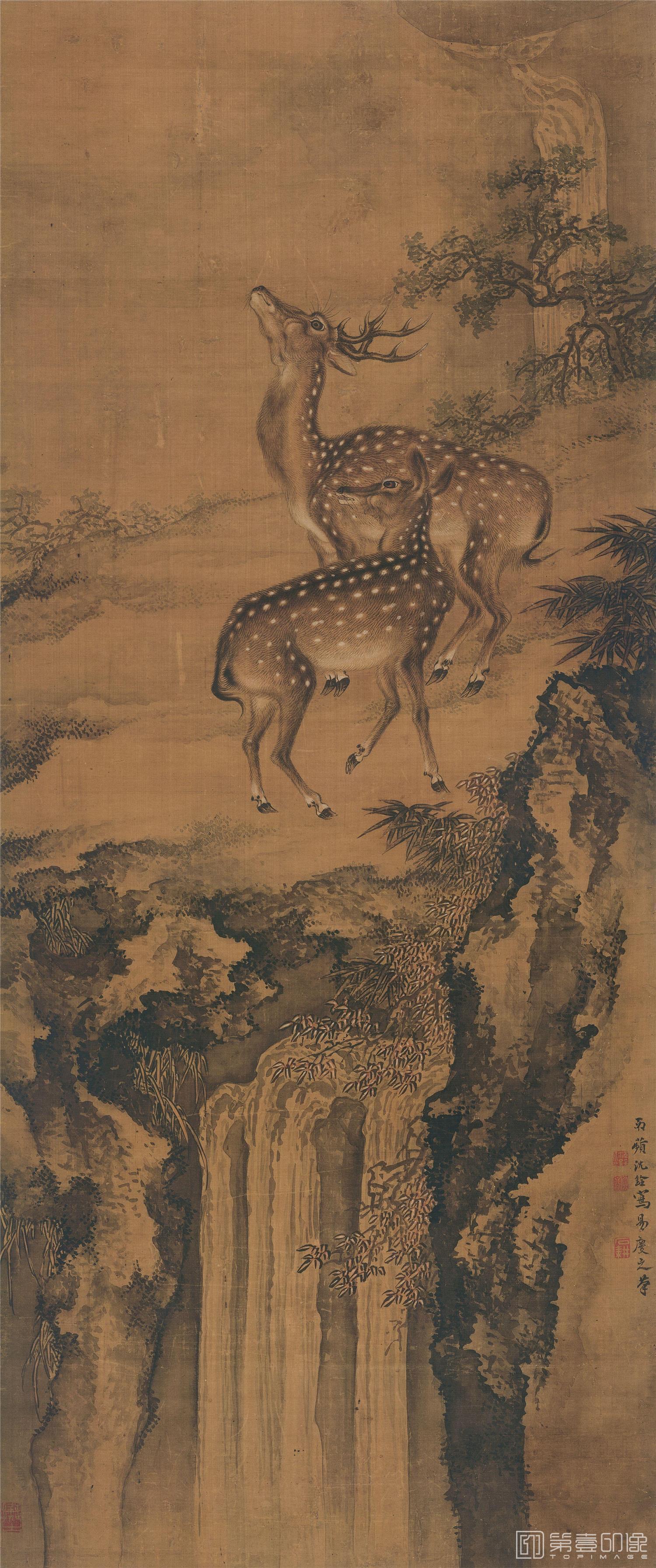 国画-双鹿图 绢本 50.5x120