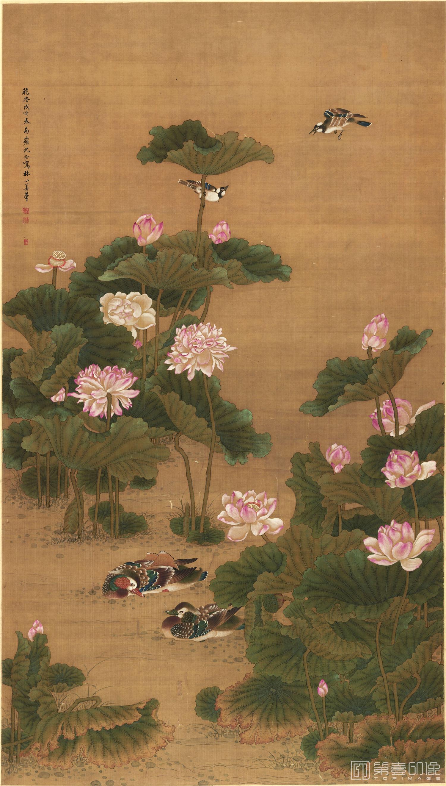 国画-荷塘鸳鸯图绢本132.8x233