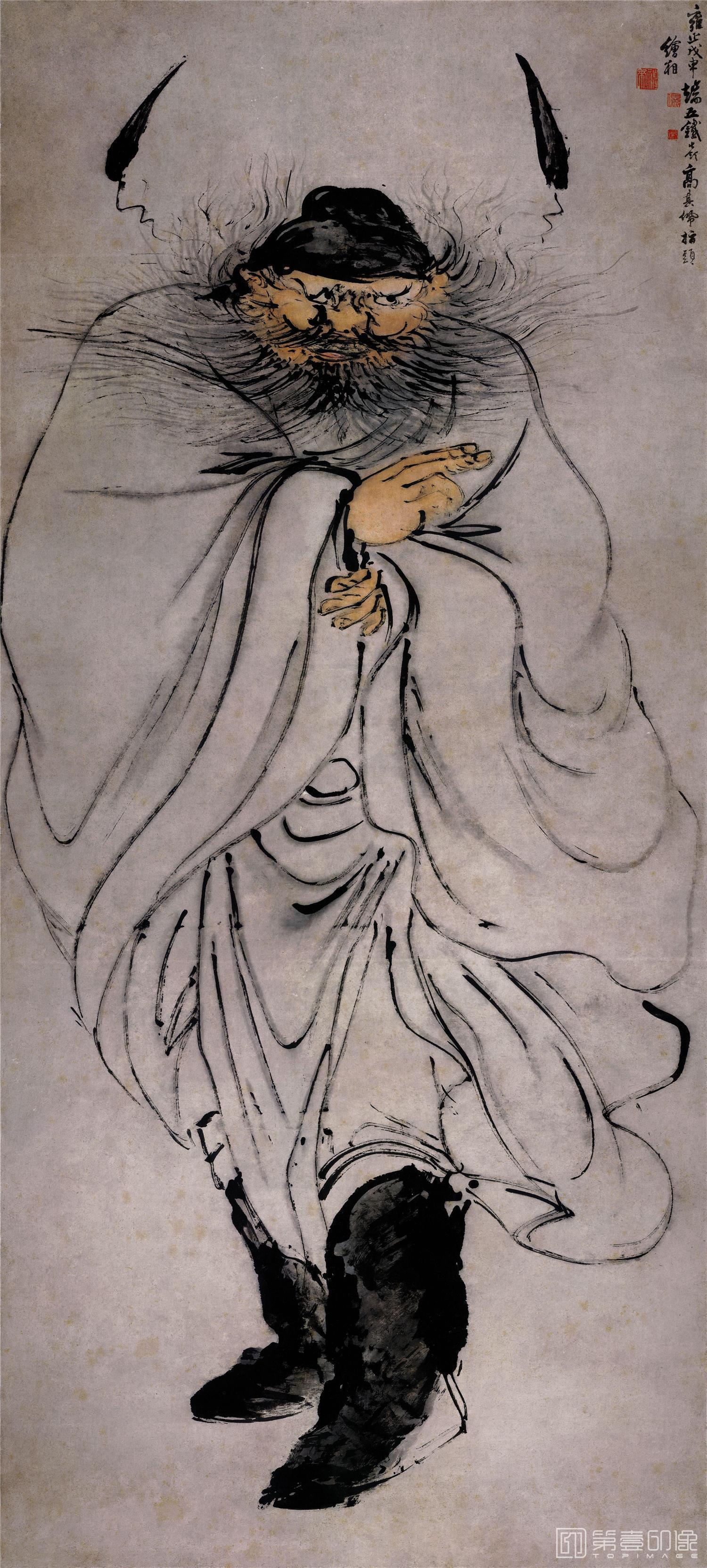 国画-怒容钟馗图 纸本148X67