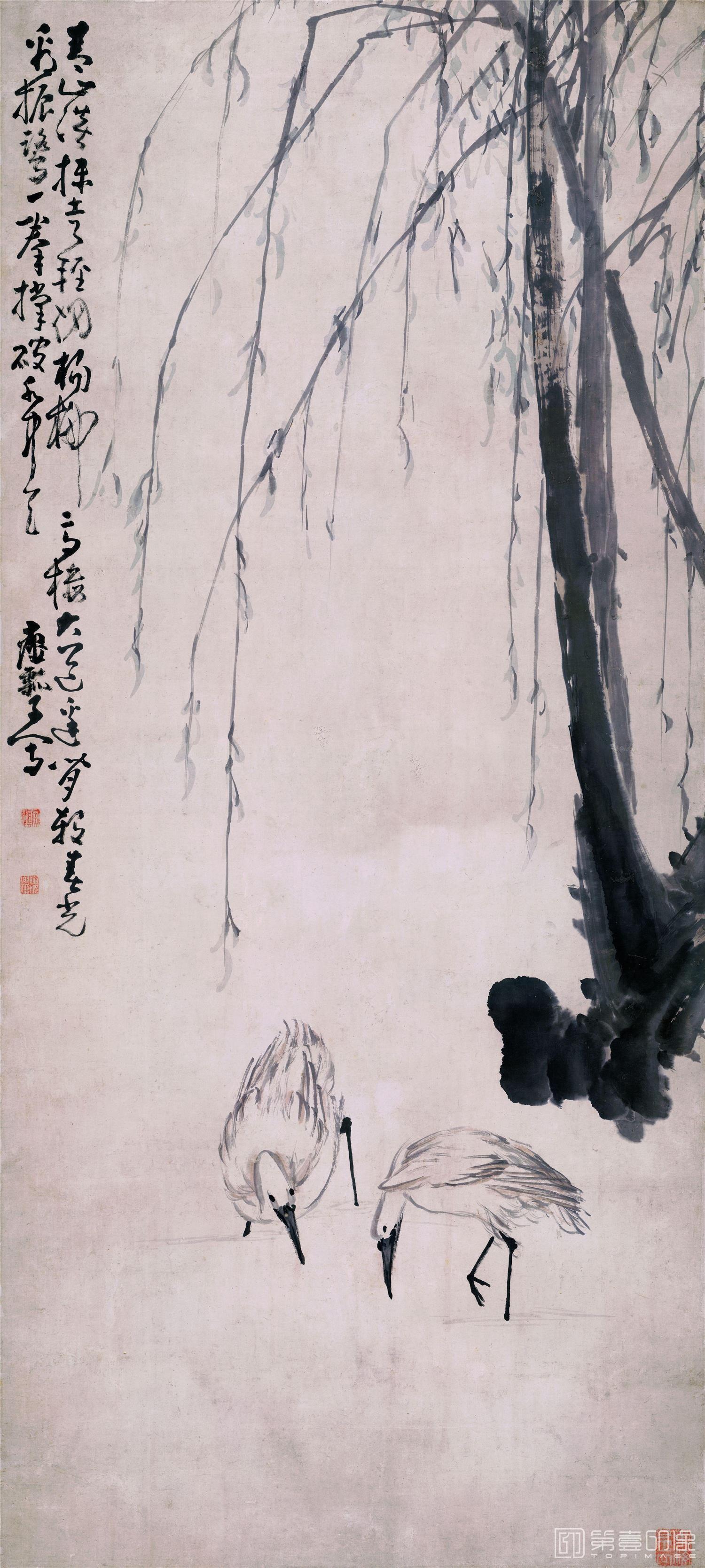 国画-柳塘双鹭 纸本 62.9x139