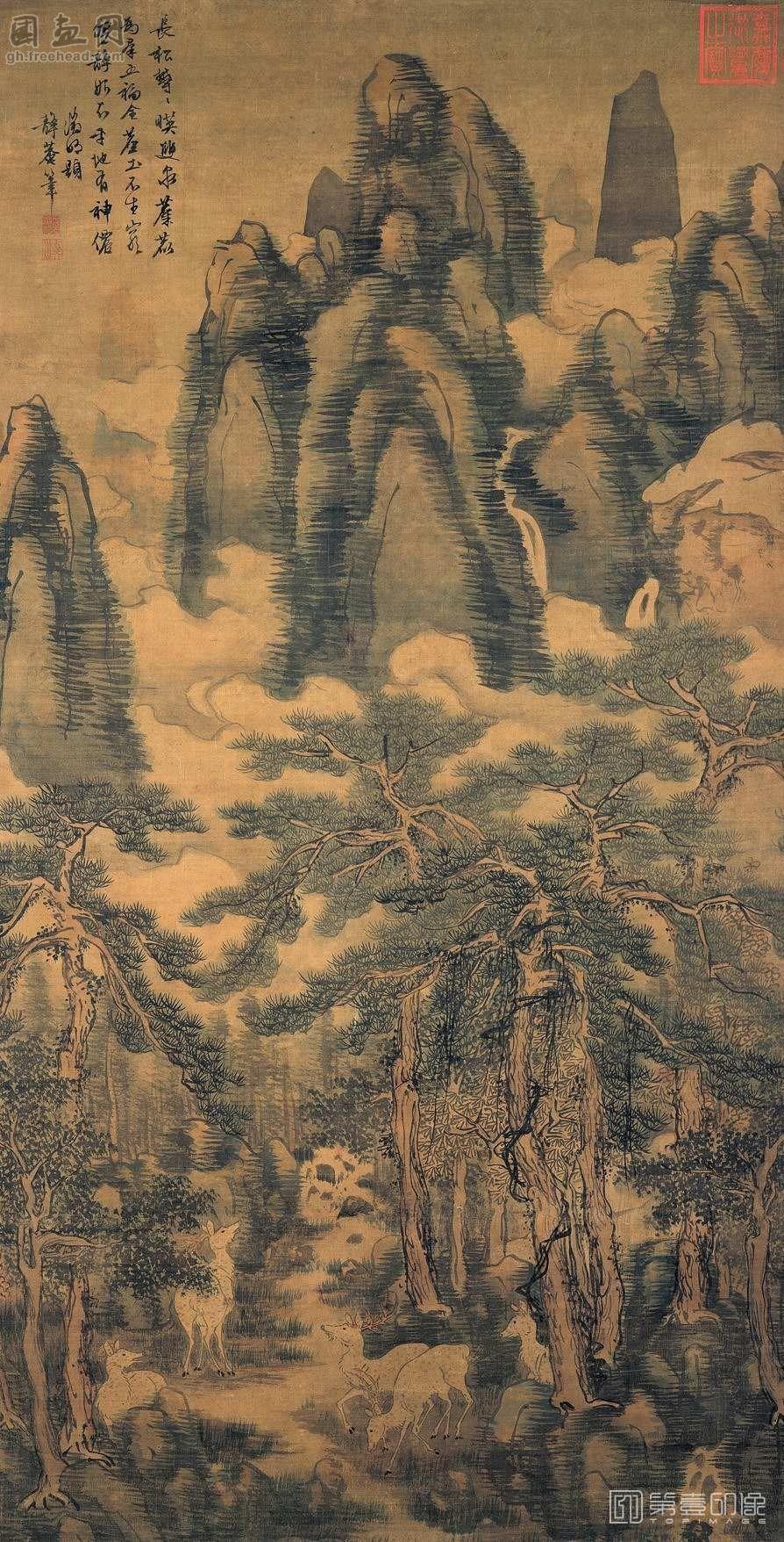 国画-长松五鹿图