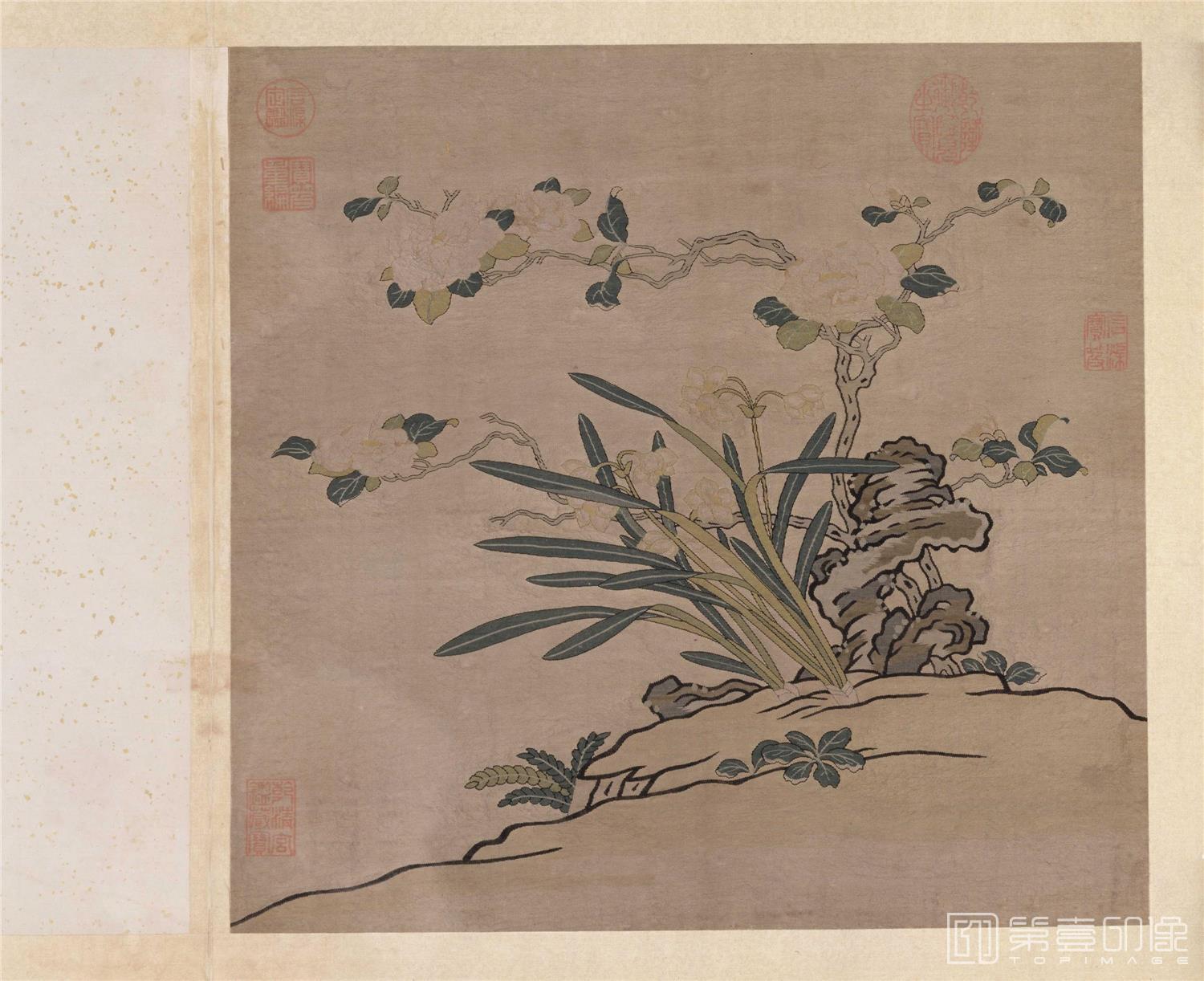 国画-缂丝花卉册之茶花水仙