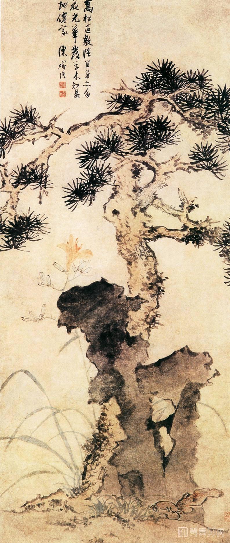 国画-松石萱花图
