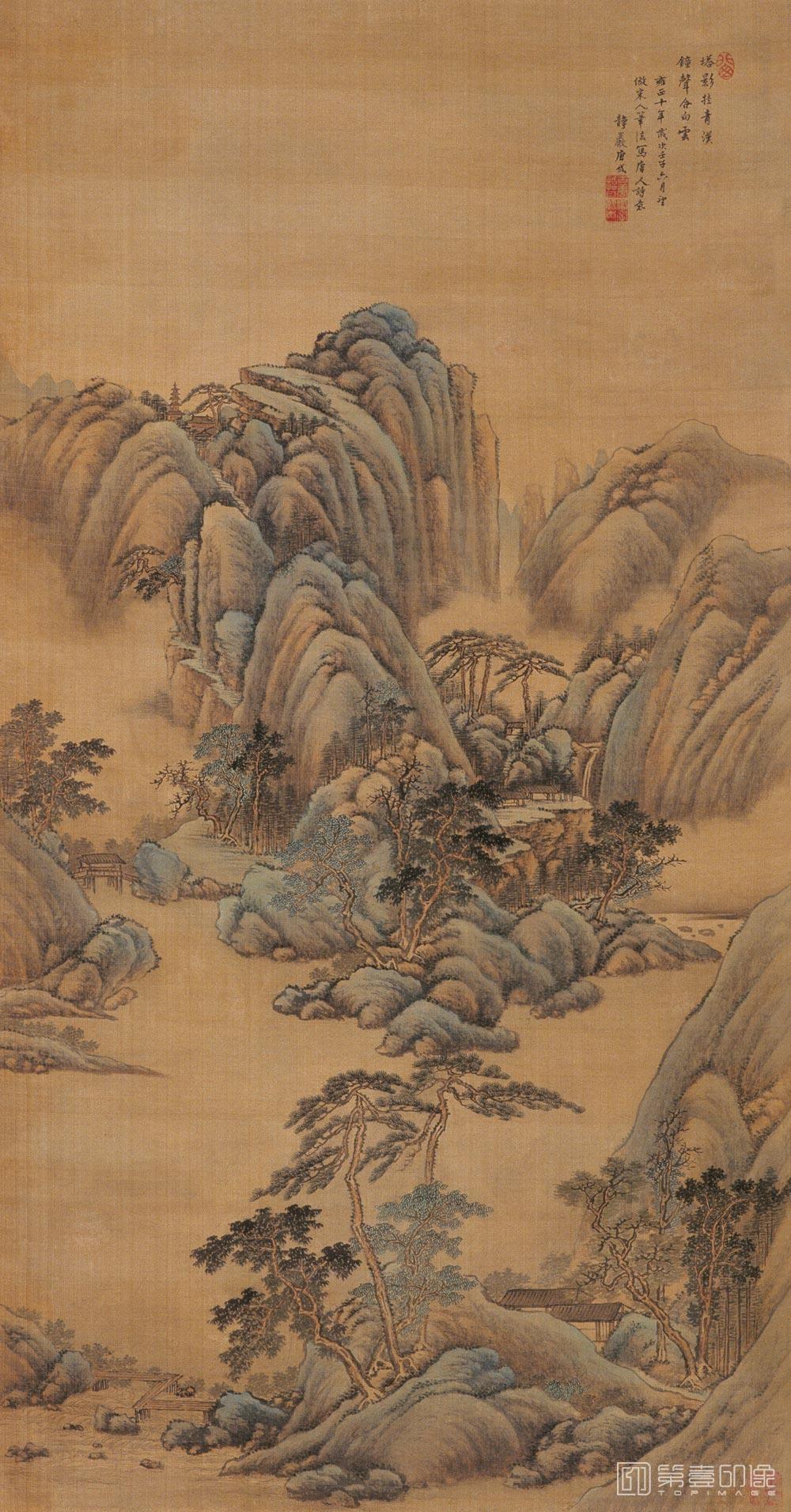国画-塔影钟声诗意图