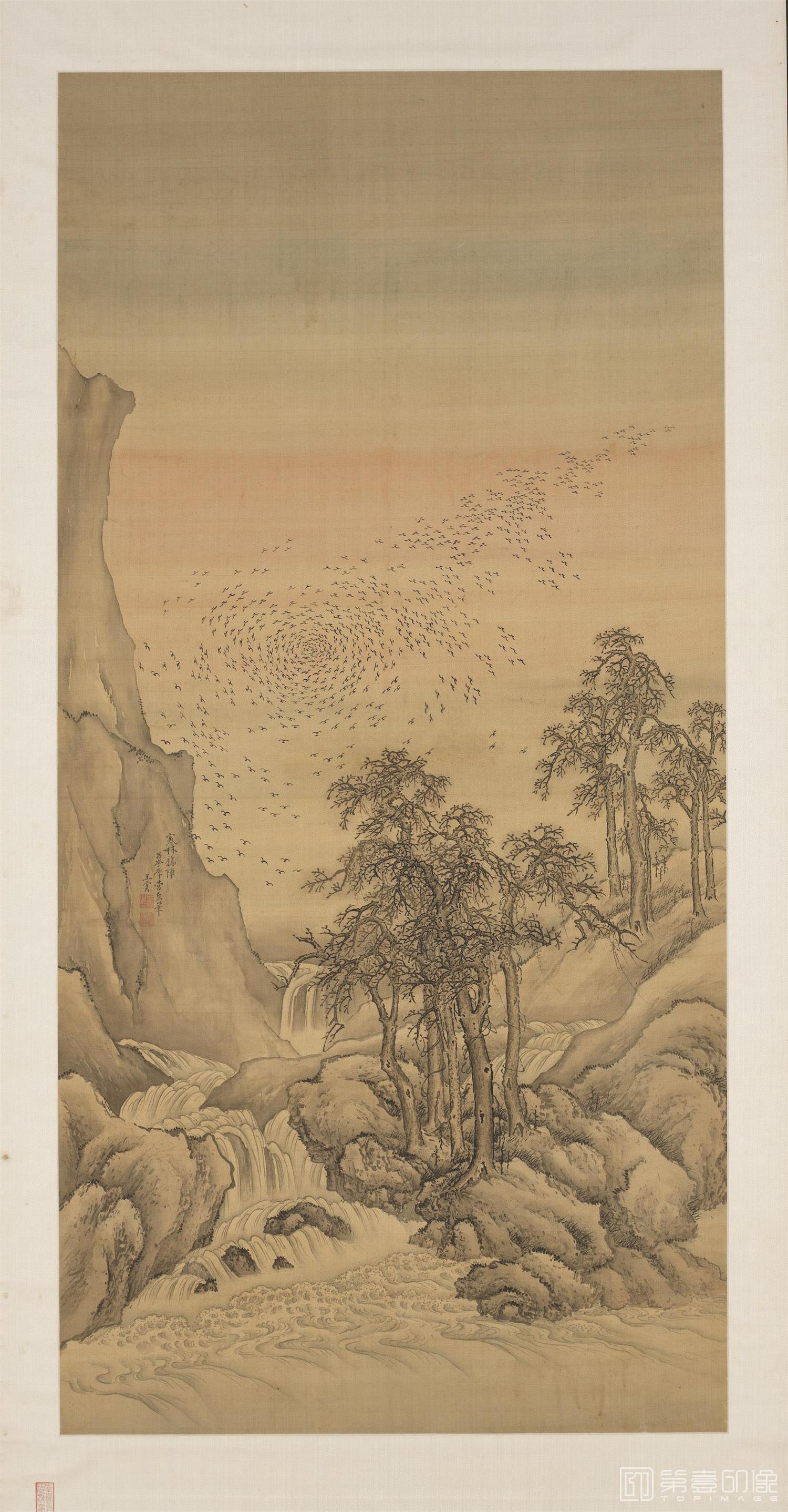国画-仿李营丘寒林鸦阵图