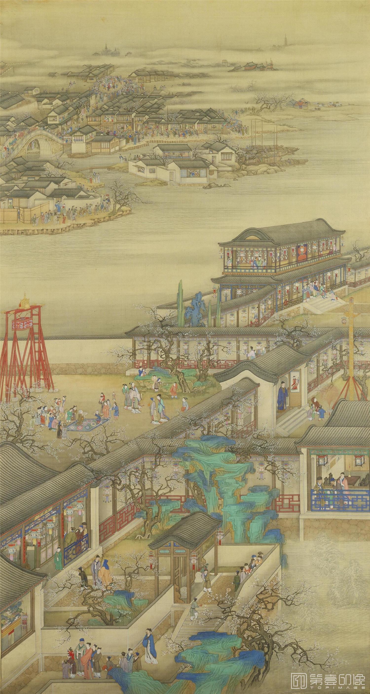 水彩画-雍正十二月行乐图轴.01.正月观灯.绢本设色.