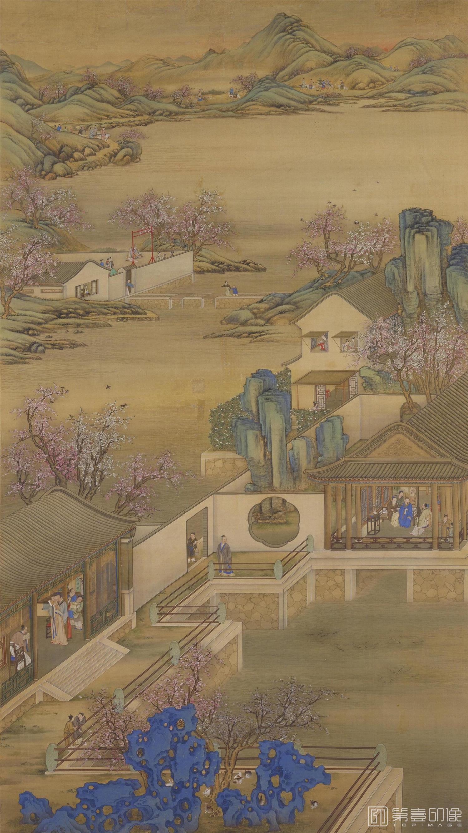 水彩画-雍正十二月行乐图轴.03.三月赏桃.绢本设色.