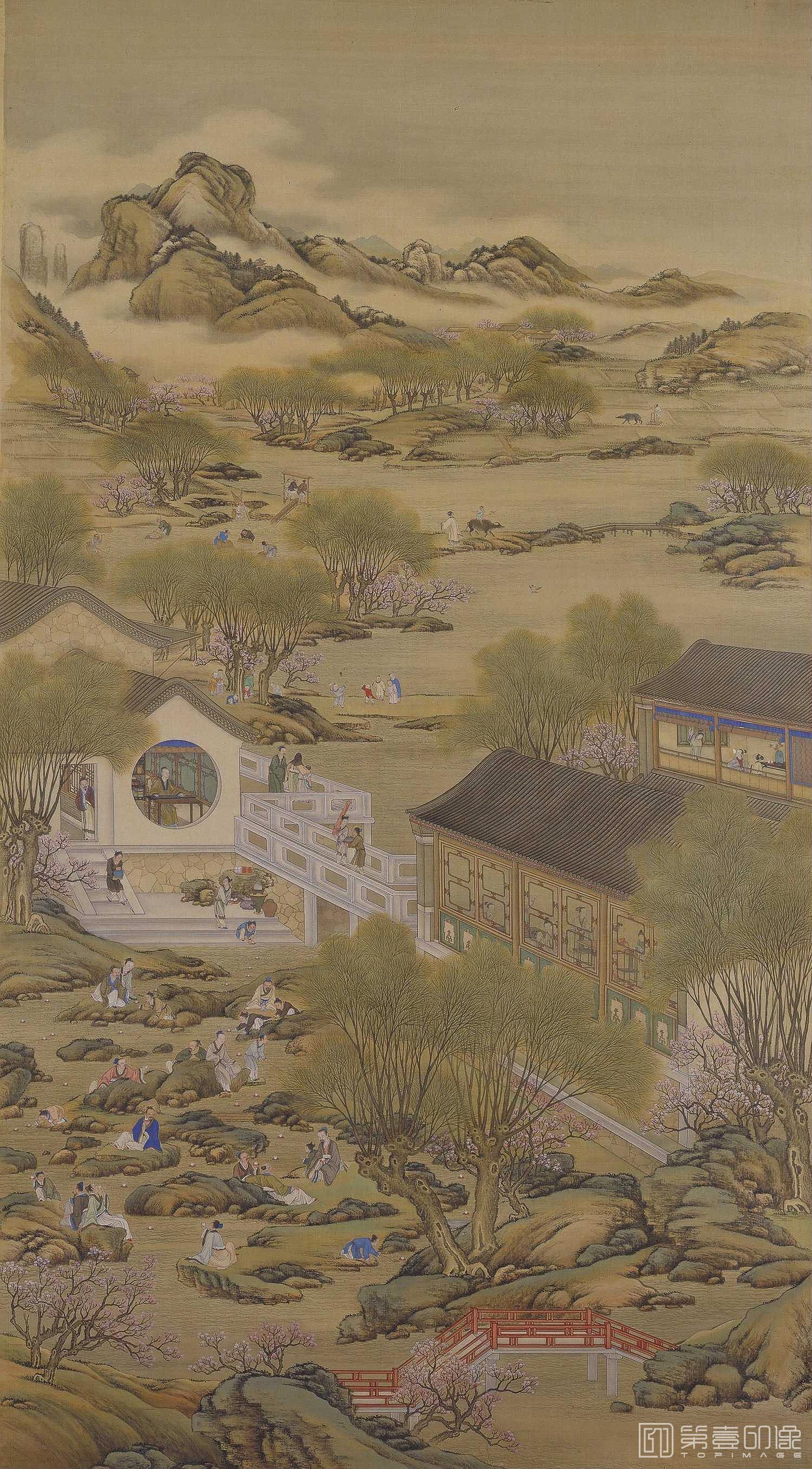 水彩画-雍正十二月行乐图轴.04.四月流觞.绢本设色.