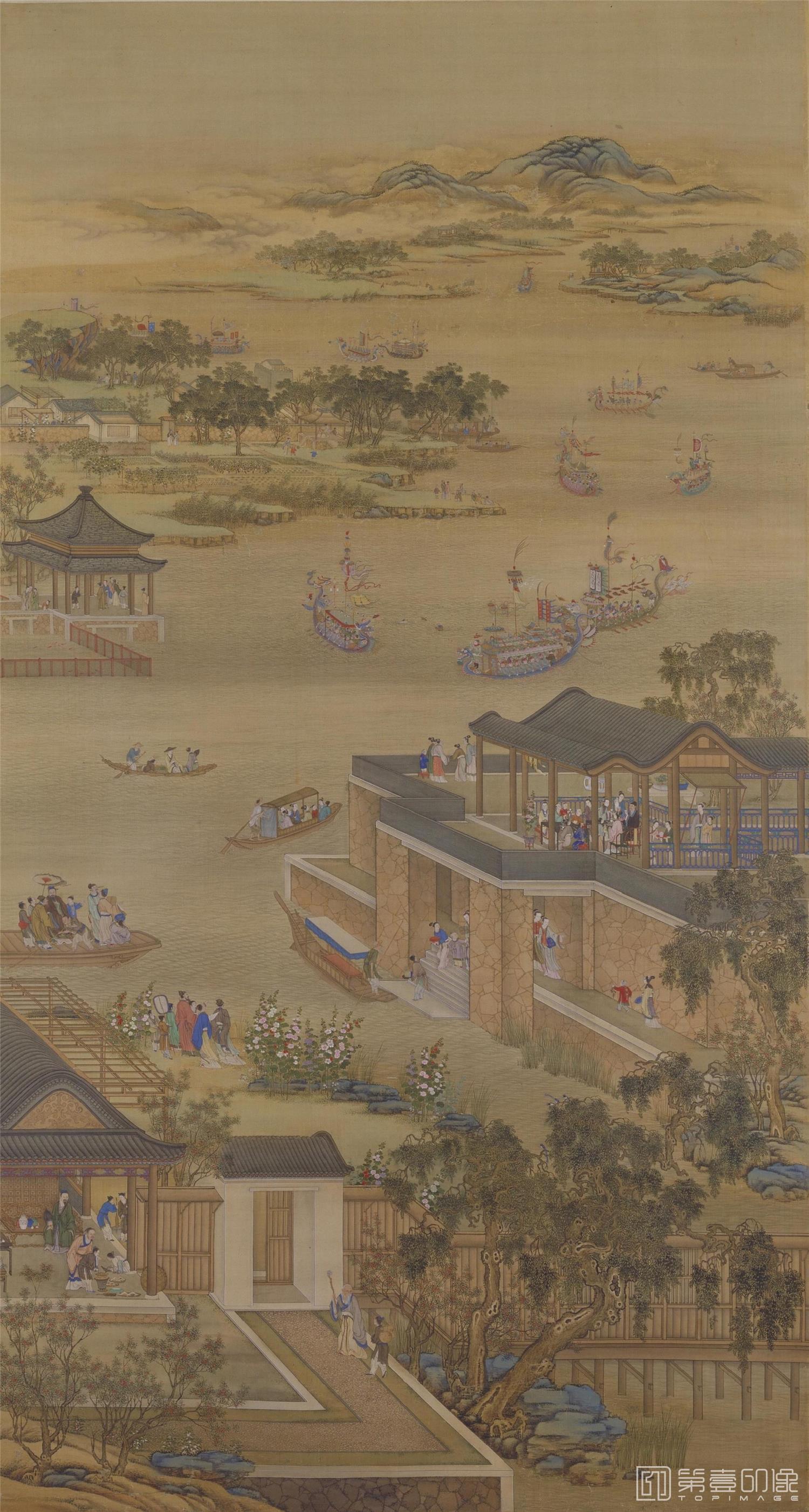 水彩画-雍正十二月行乐图轴.05.五月竞舟.绢本设色.