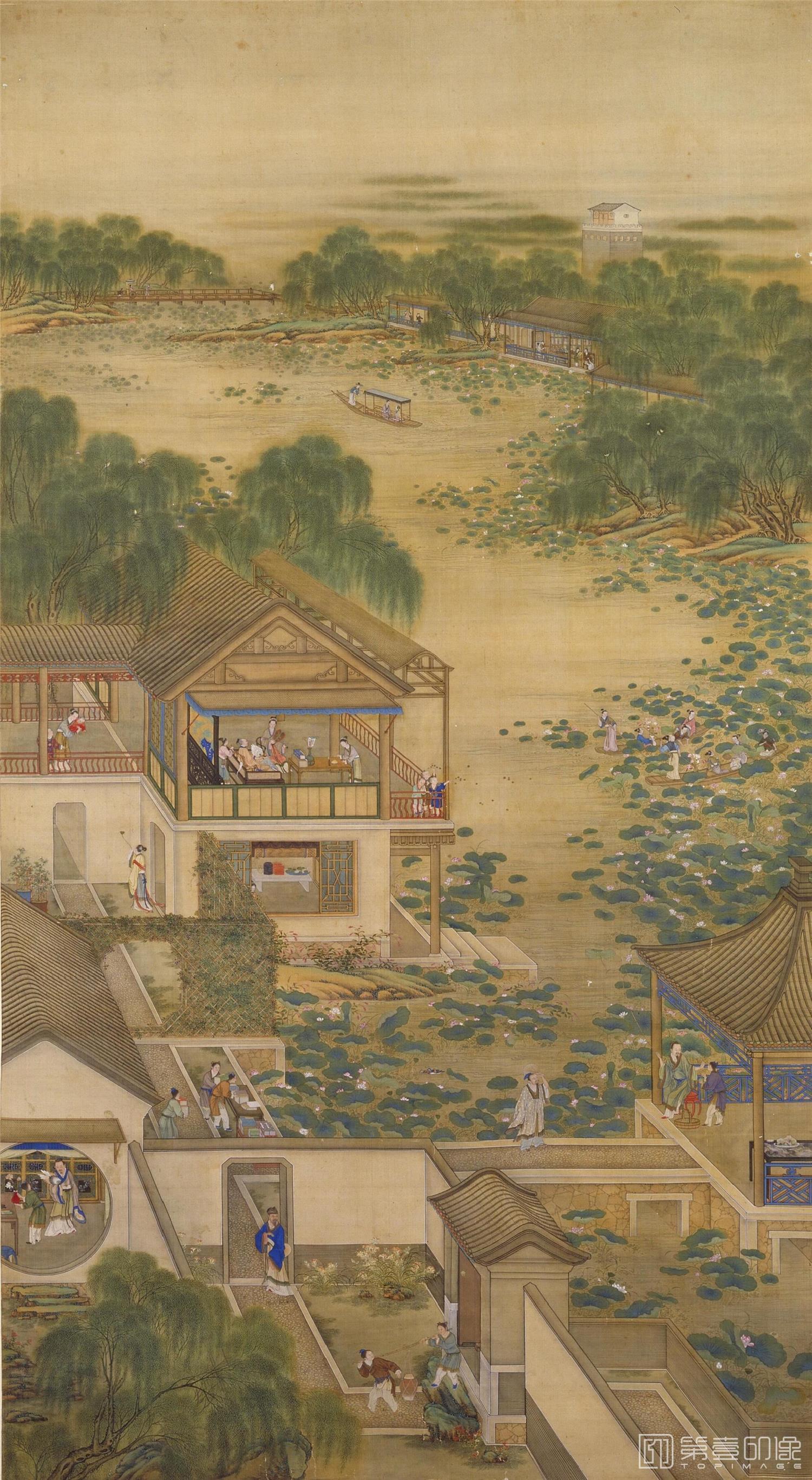 水彩画-雍正十二月行乐图轴.06.六月纳凉.绢本设色.