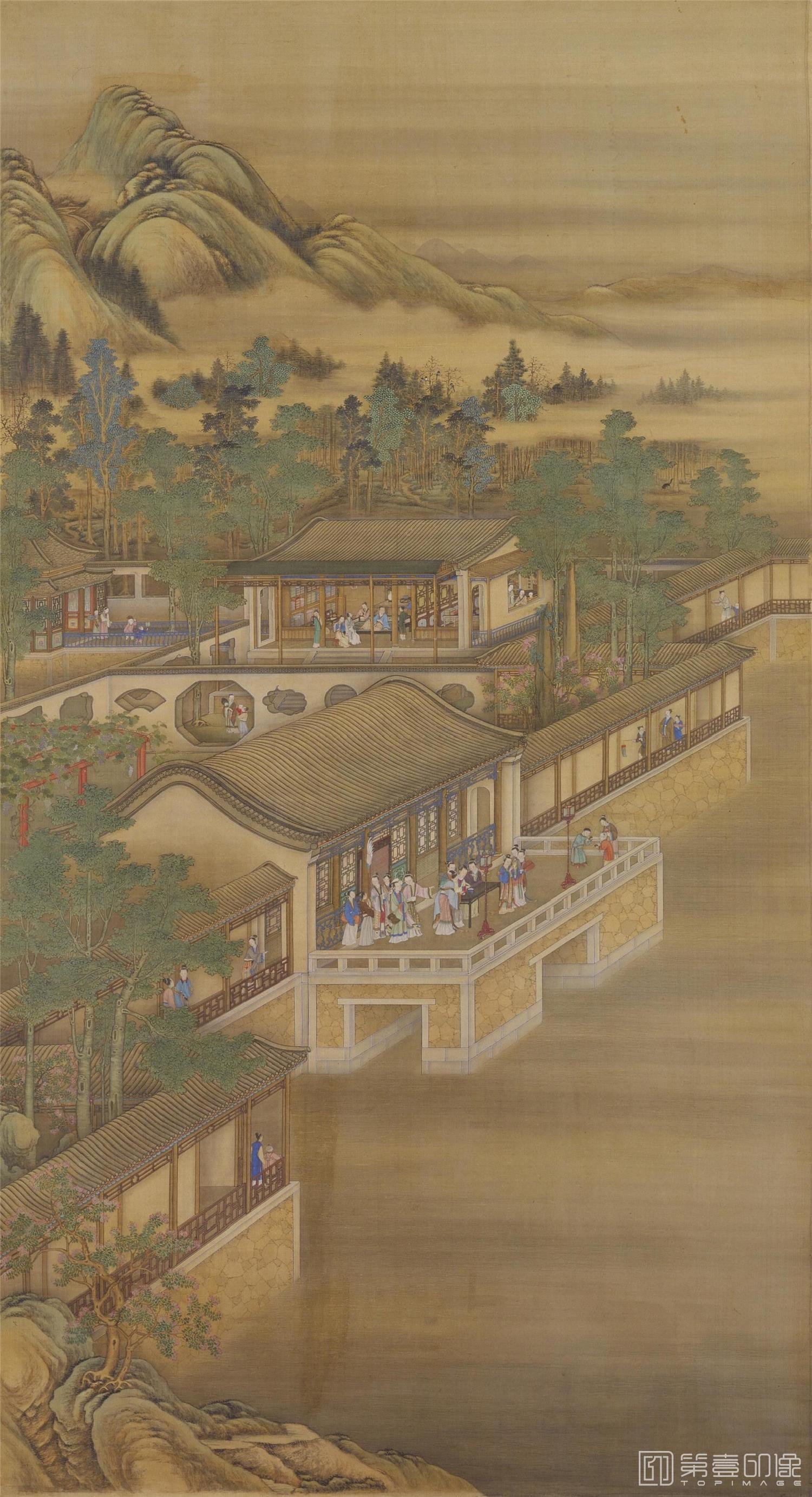 水彩画-雍正十二月行乐图轴.07.七月乞巧.绢本设色.