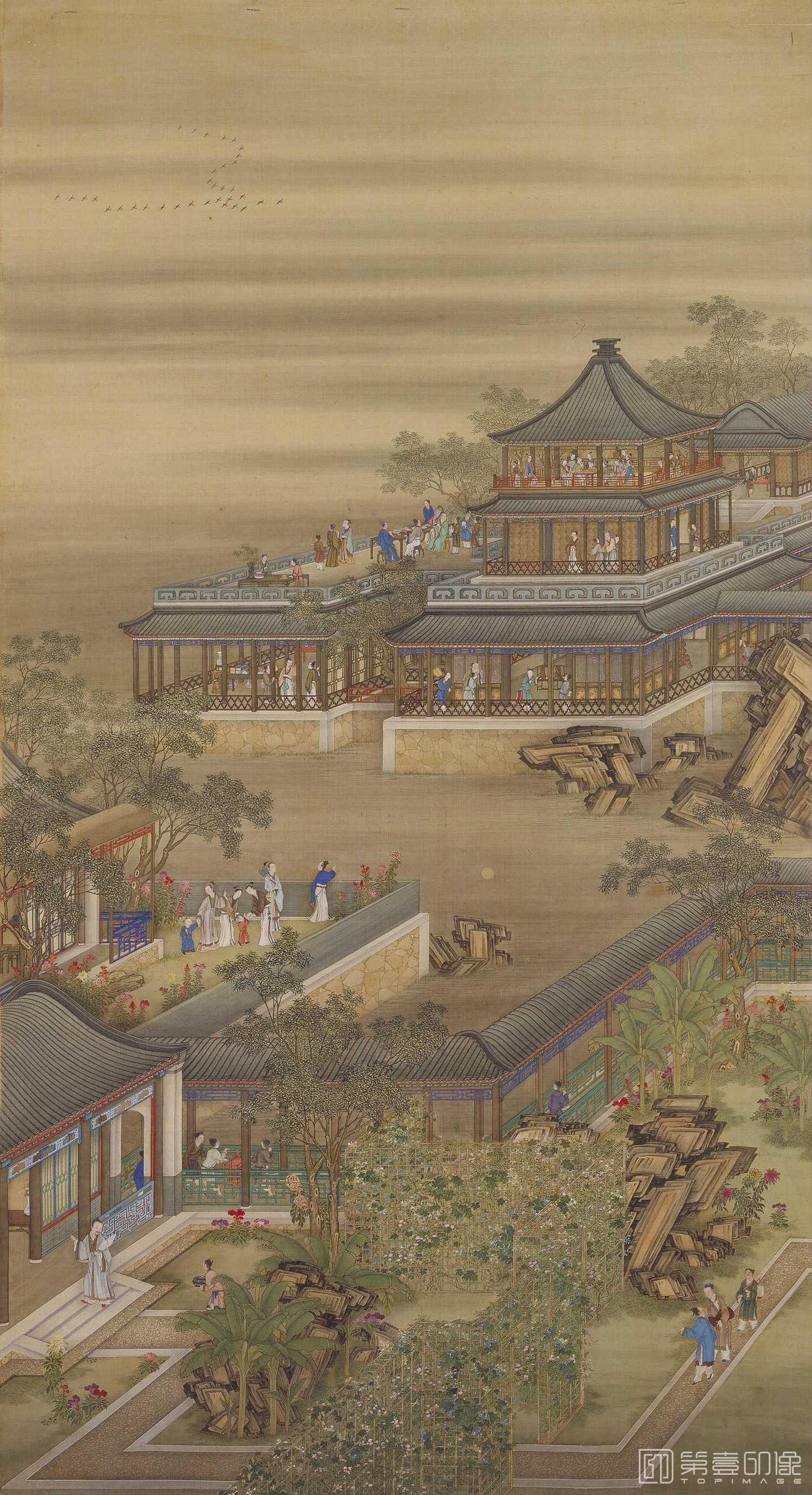 水彩画-雍正十二月行乐图轴.08.八月赏月.绢本设色.