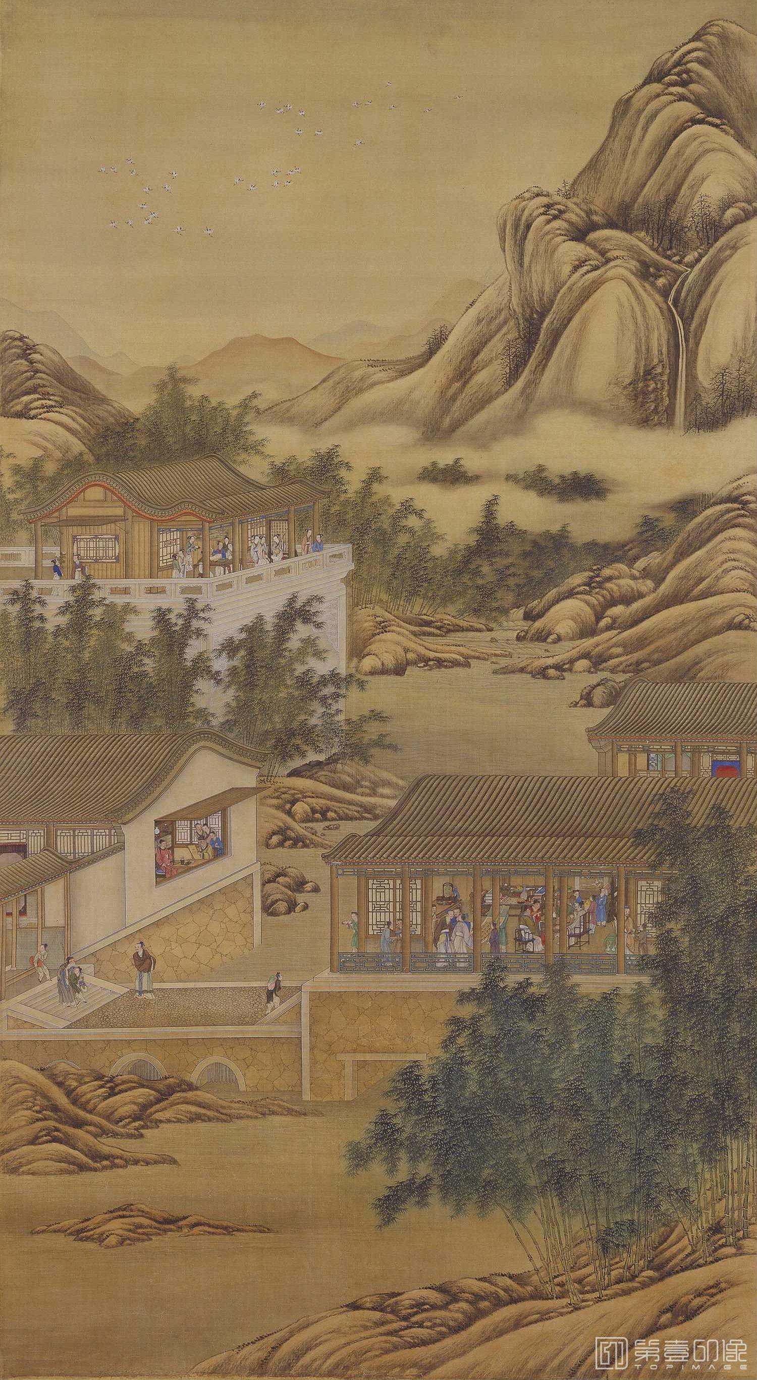水彩画-雍正十二月行乐图轴.10.十月画像.绢本设色.