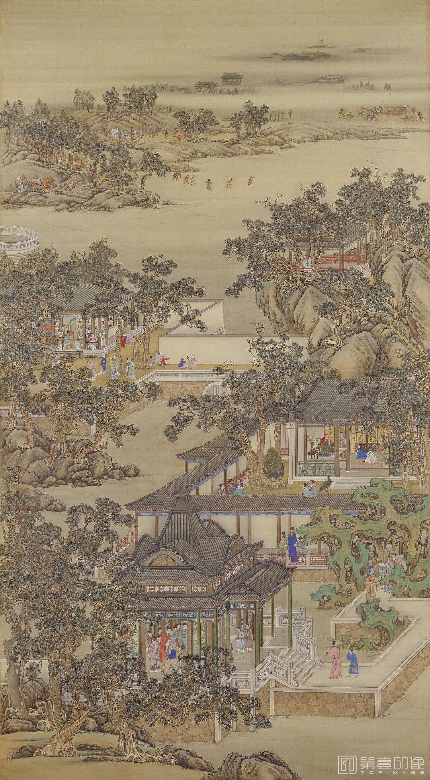 水彩画-雍正十二月行乐图轴.11.十一月参禅.绢本设色.