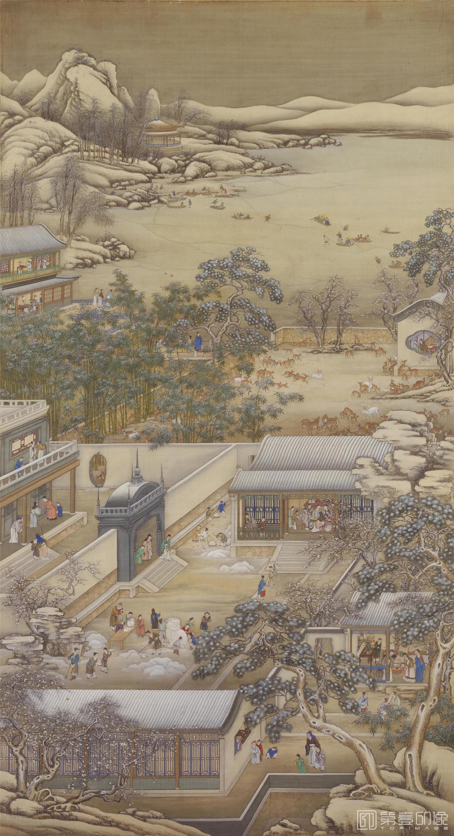 水彩画-雍正十二月行乐图轴.12.腊月赏雪.绢本设色.