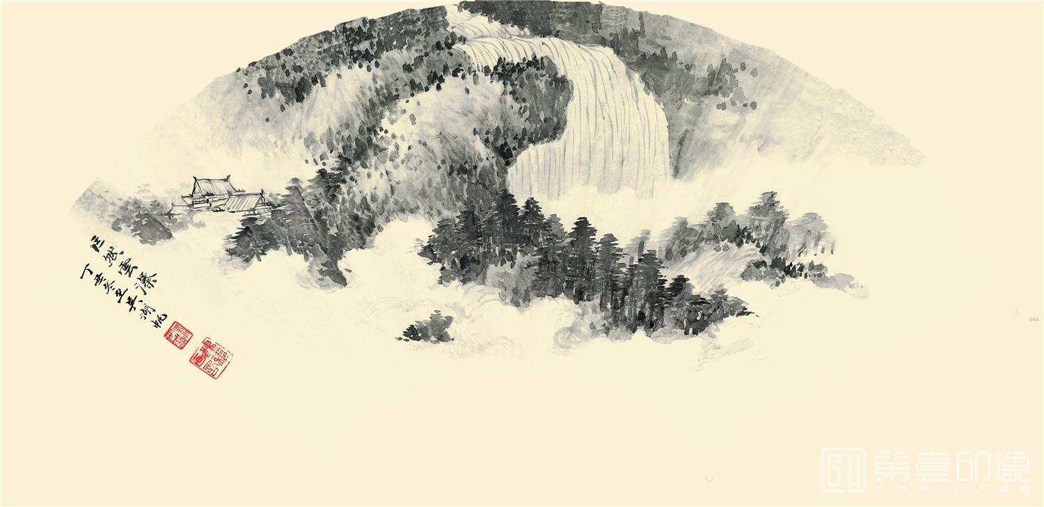 国画-巨然云瀑 (扇面)56-27cmA