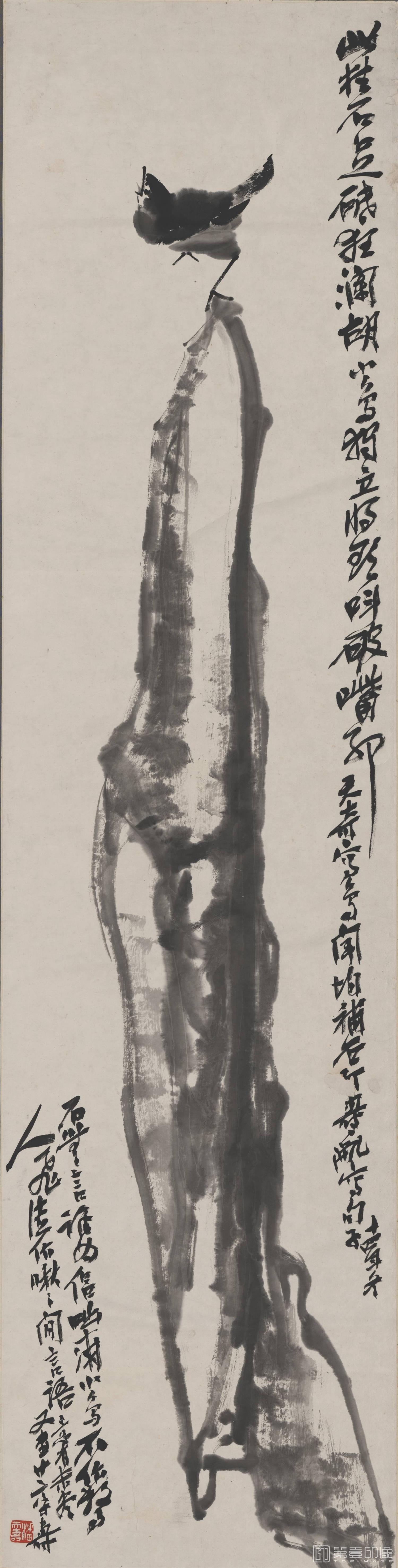 国画-水墨小鸟图轴135X34裁边