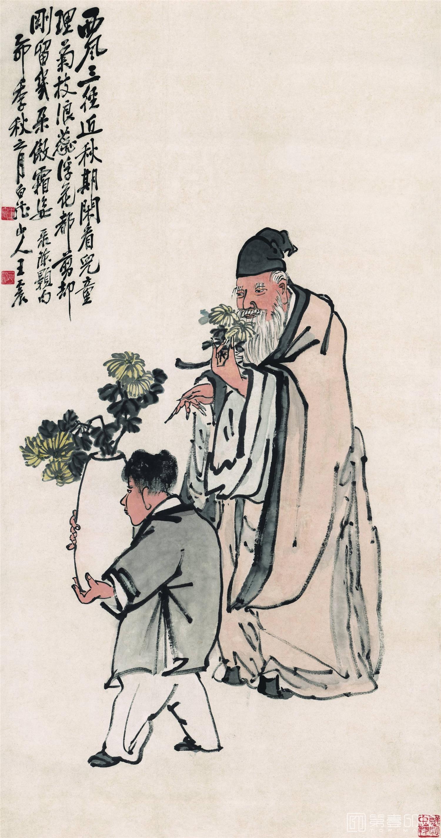 国画-菊花人物轴 纸本79x151 (2)