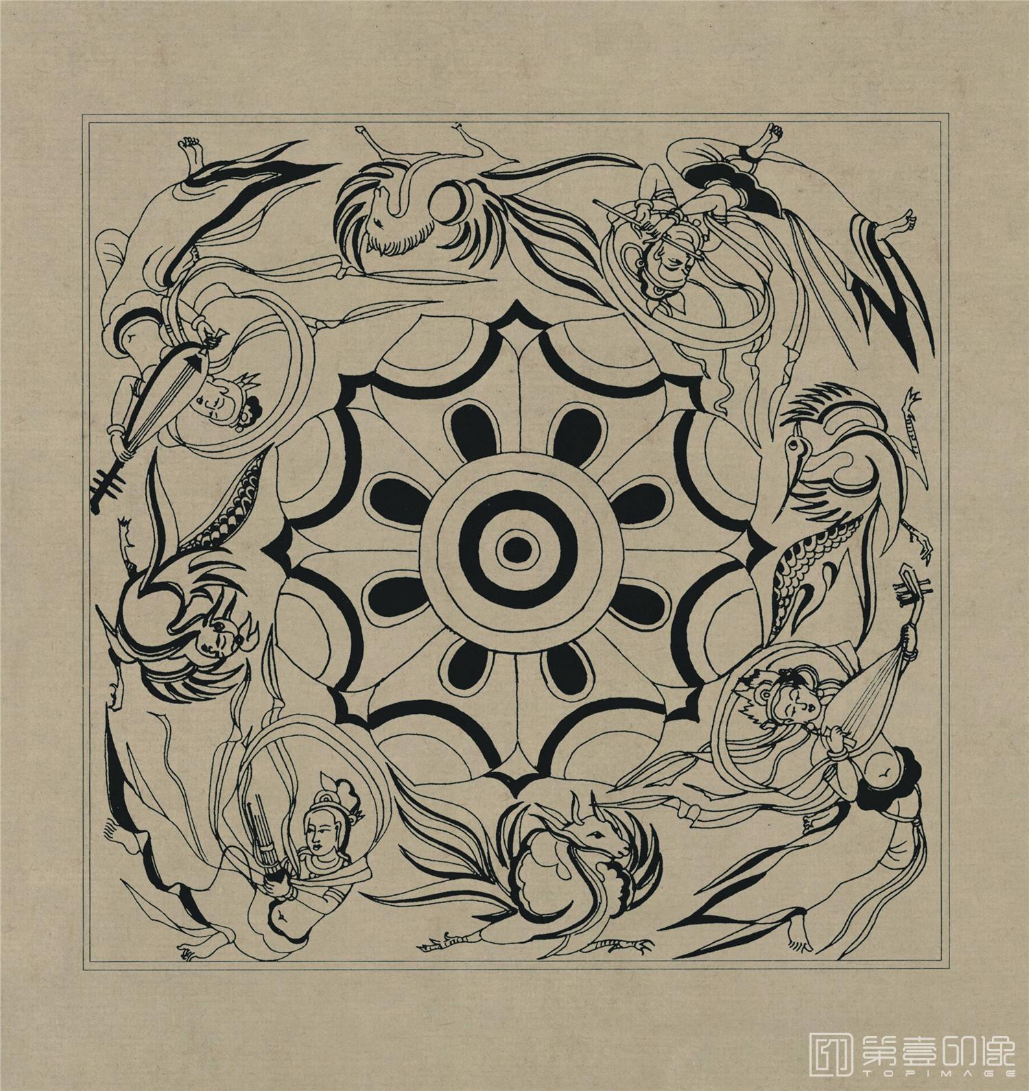 壁画-莫高窟4041窟 隋 藻井中的飞天伎乐
