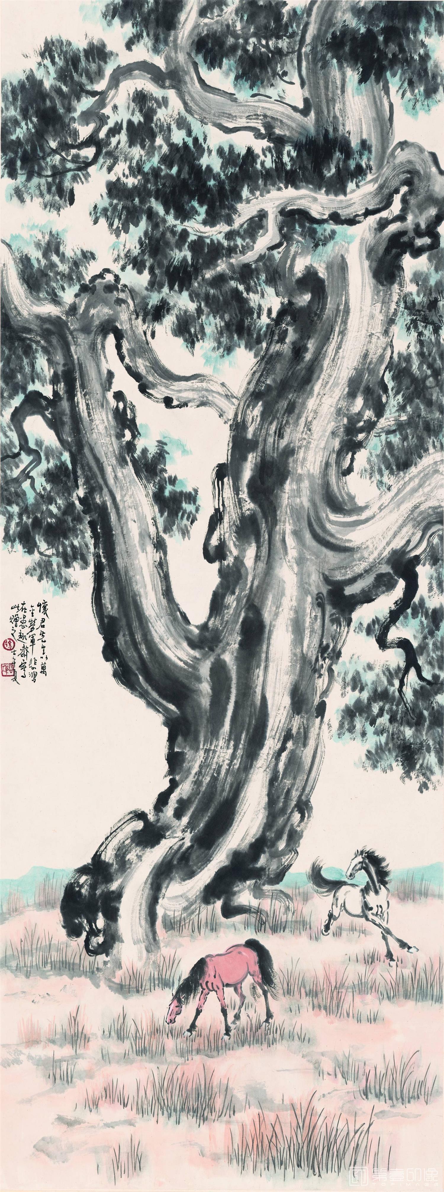 国画-柏树双马图