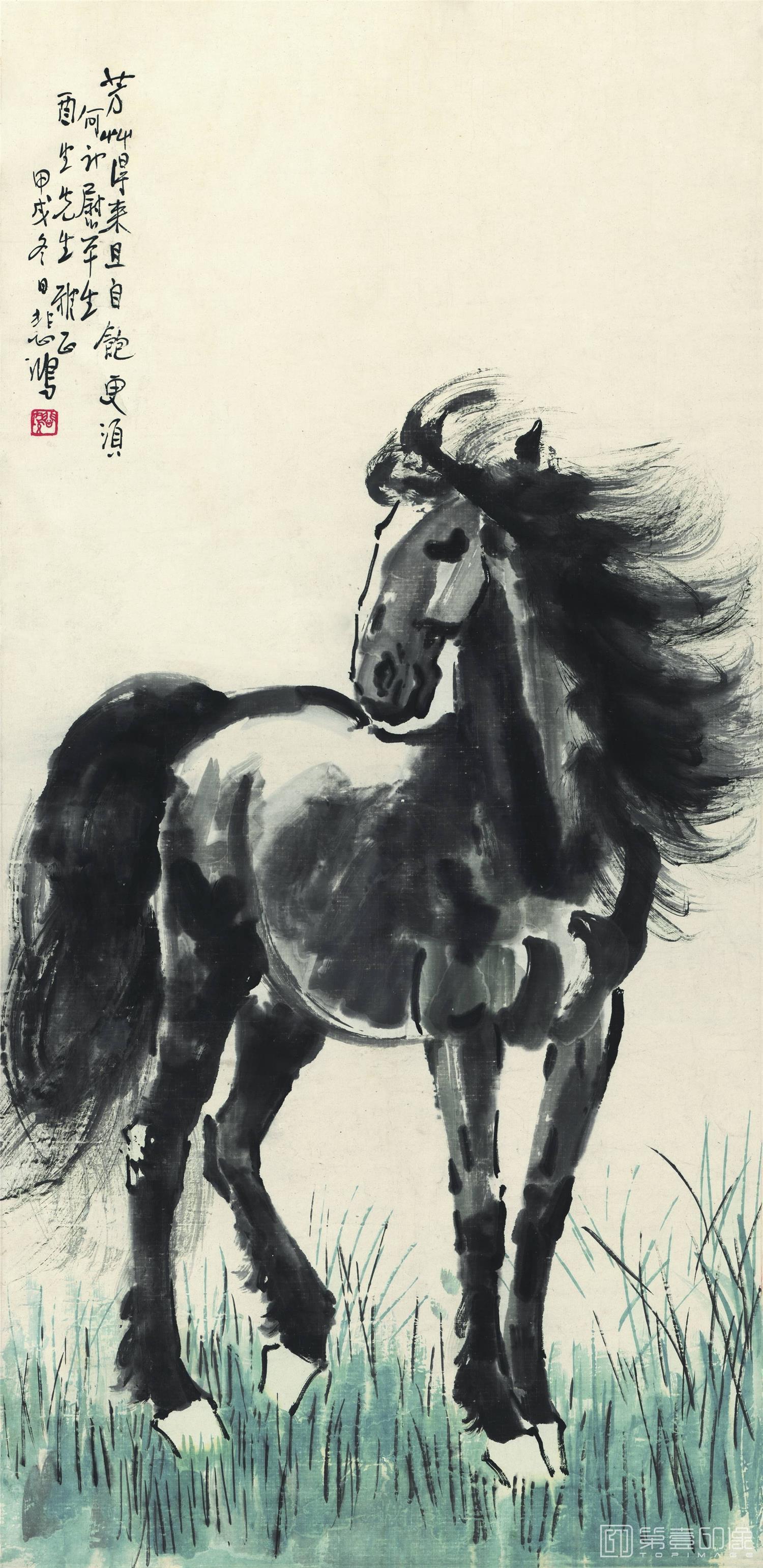 国画-骏马静时思图 纸本65.1x133