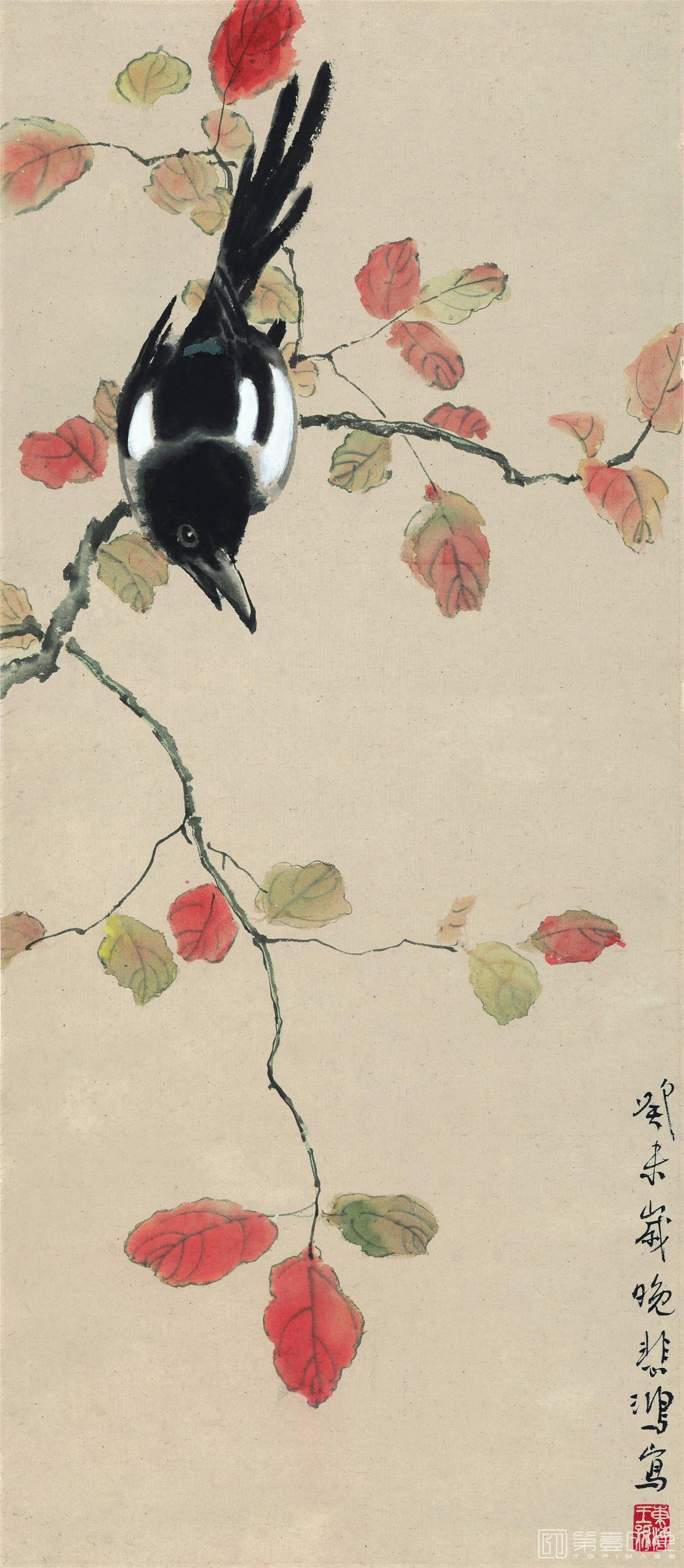 国画-晚秋喜鹊图 纸本30.7x70.5