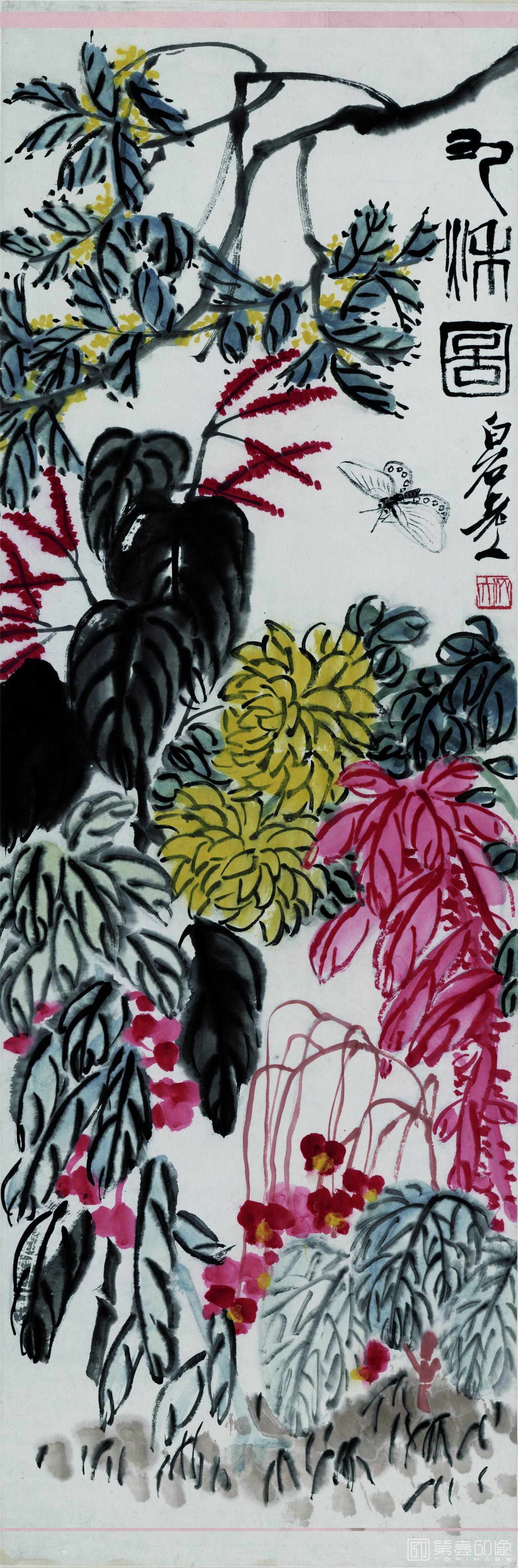 国画-红花绿叶蝴蝶图