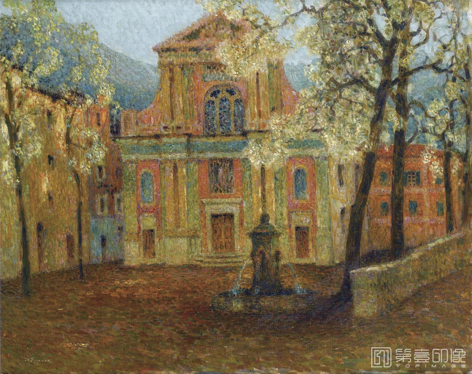油画-[法国]亨利·勒·斯丹纳 (Henri Le Sidaner)作品-L'éGLISE DE DOLCEACQUA