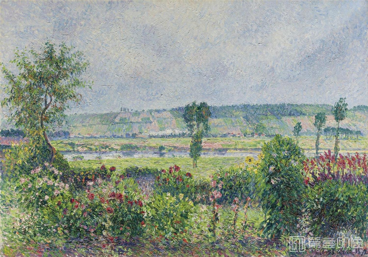 油画-[法国] 卡米耶·毕沙罗 (Camille Pissarro)作品-LA VALLEE DE LA SEINE AUX DAMPS, JARDIN D'OCTAVE MIRBEAU